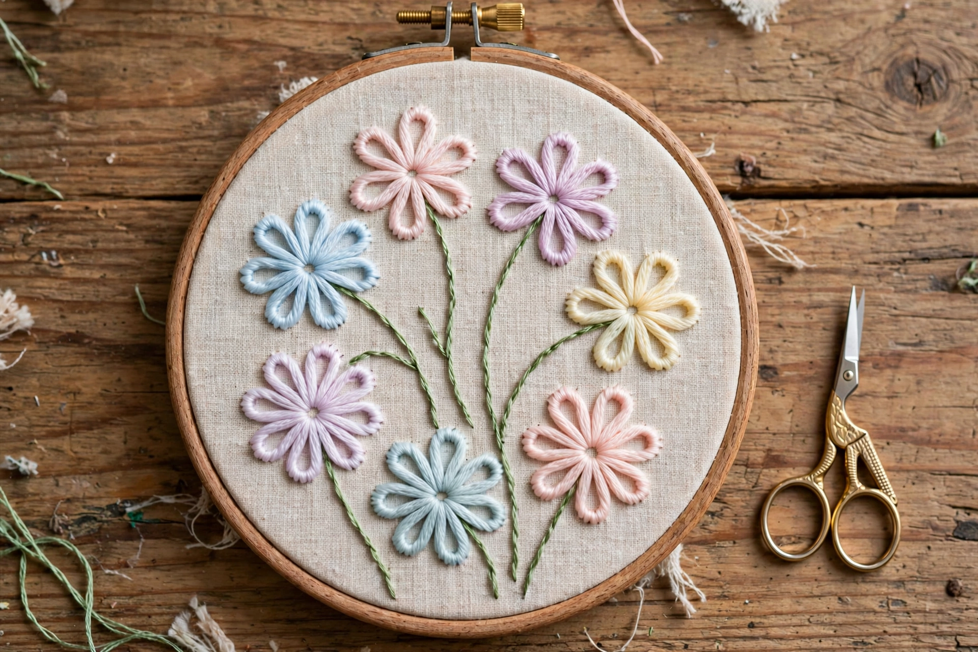 Overhead shot of a finished hoop with seven lazy daisy flowers in pastel floss with green stem stitch stems on a wooden table