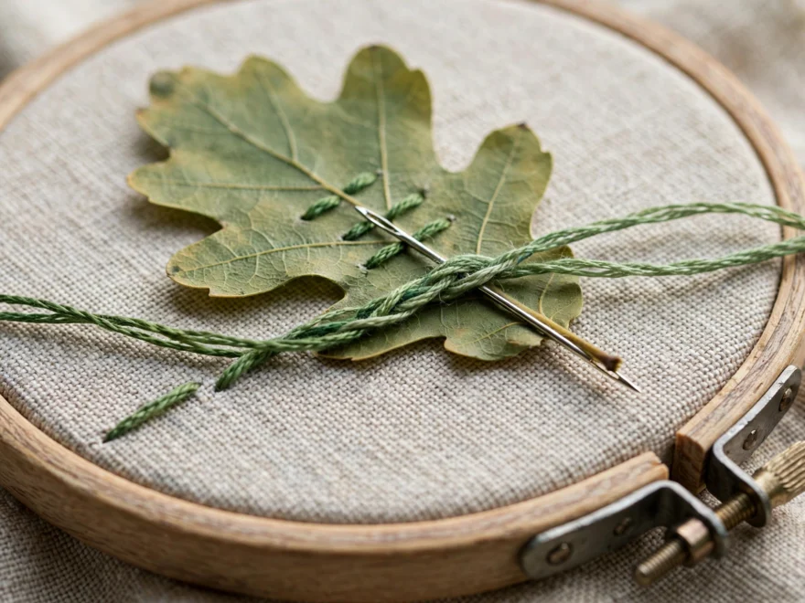 Close-up of a needle threaded with two different green floss strands stitching a leaf on linen in a wooden hoop, showing the