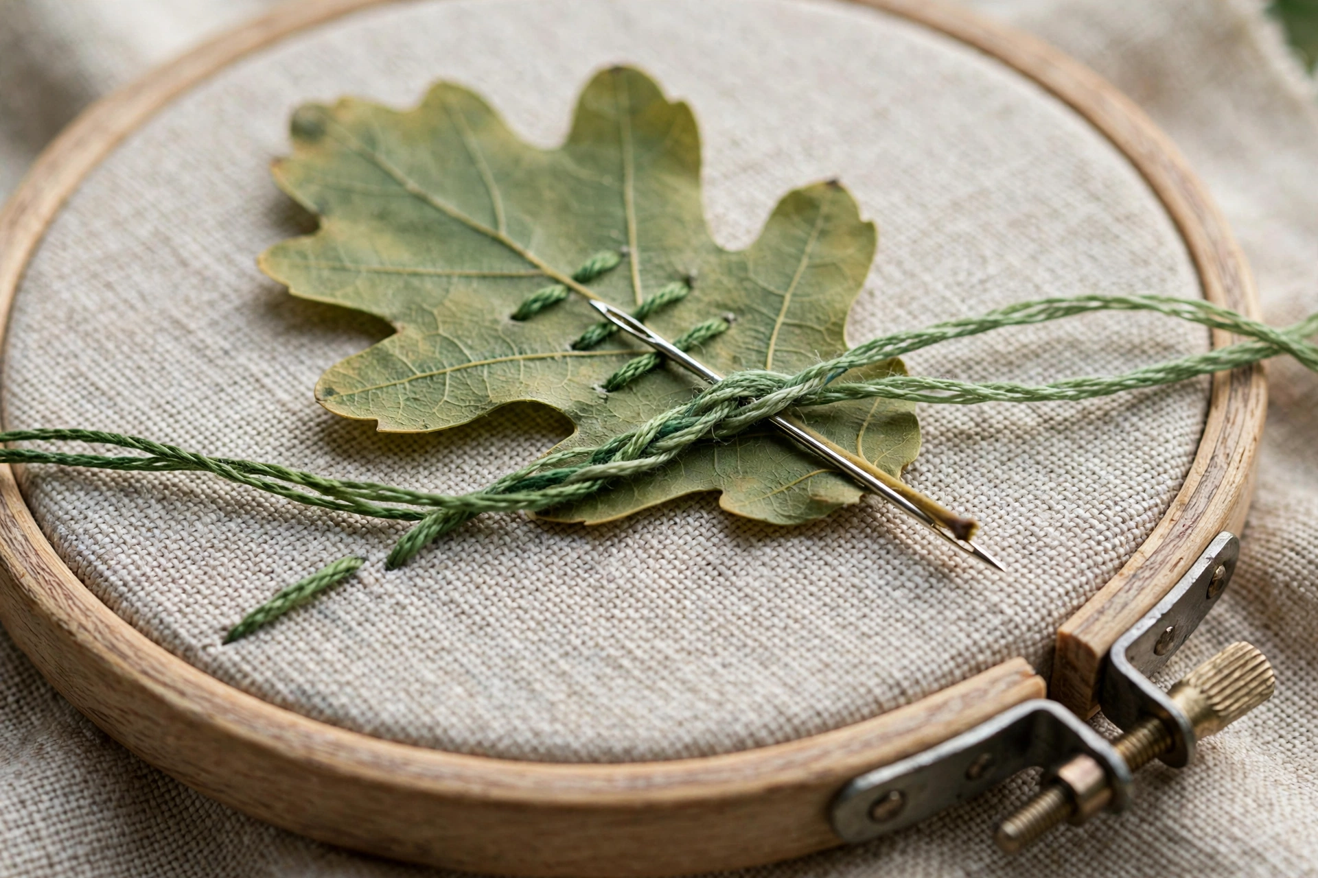 Close-up of a needle threaded with two different green floss strands stitching a leaf on linen in a wooden hoop, showing the 