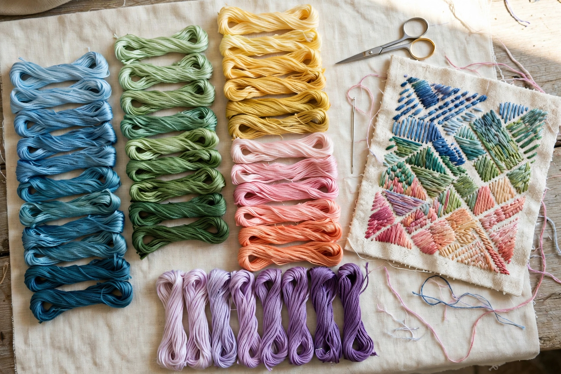 Photo of a stitched color gradient row showing thread blending from dark purple to pale lilac in long and short stitch, hoop 