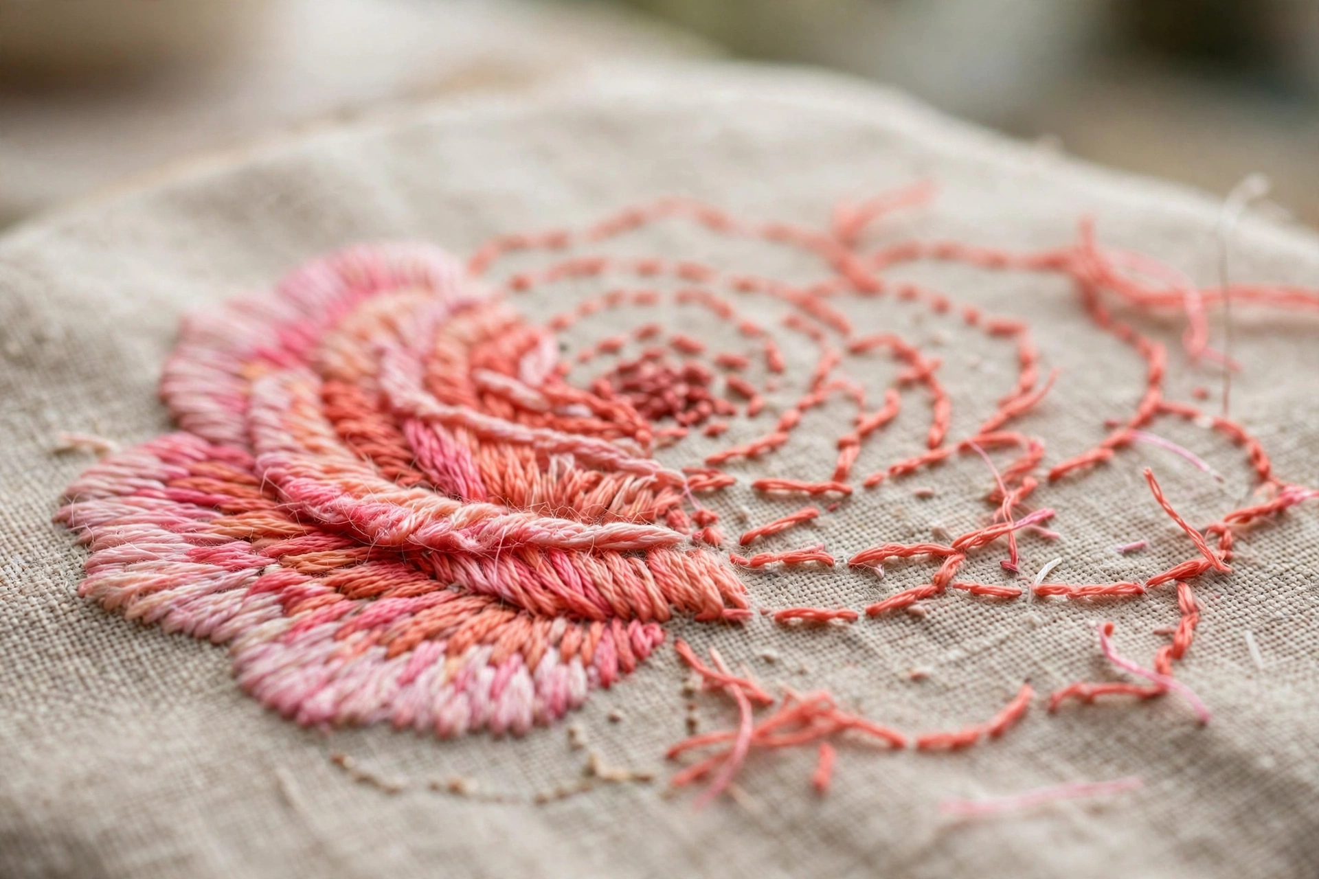Close-up of a half-finished embroidered rose with blended pink and coral threads, visible long and short stitches, shallow de