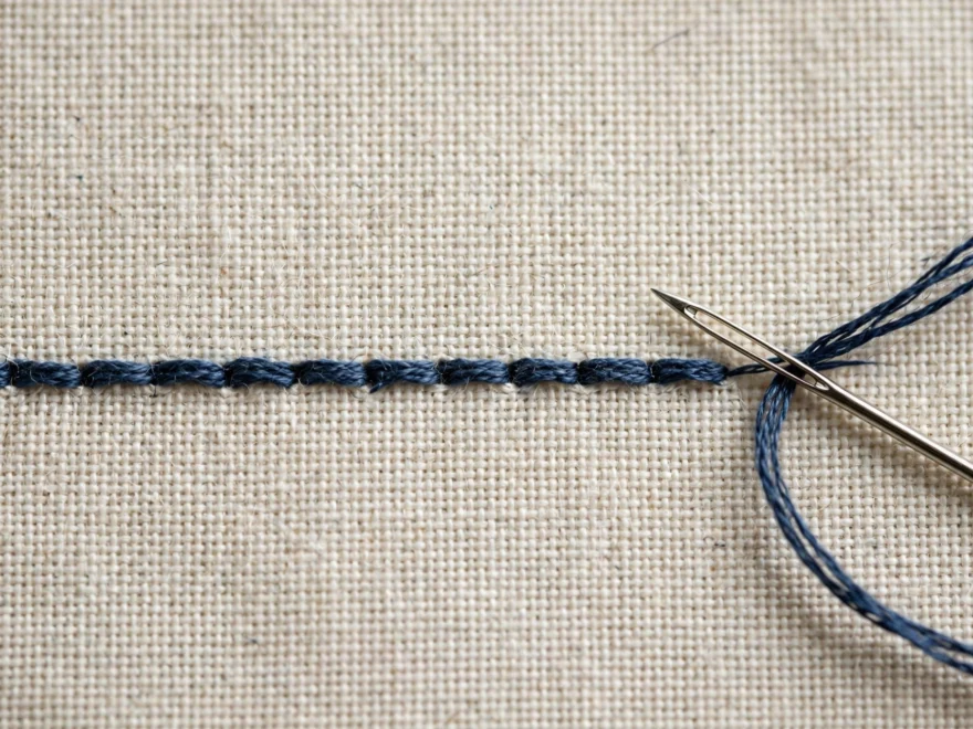 Macro close-up of backstitch worked in dark blue floss on cream linen, showing the even segmented line, needle in frame