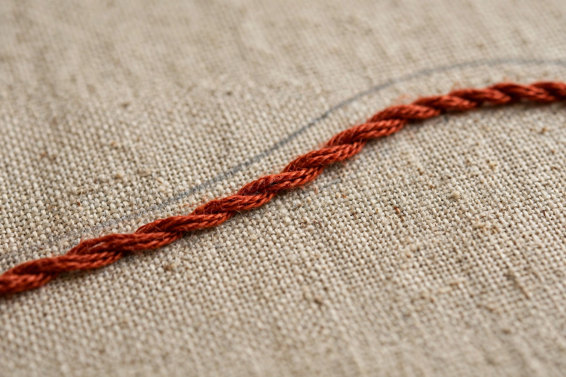 Macro close-up of stem stitch in rust-red floss curving along a drawn line on linen, showing the rope-like twist