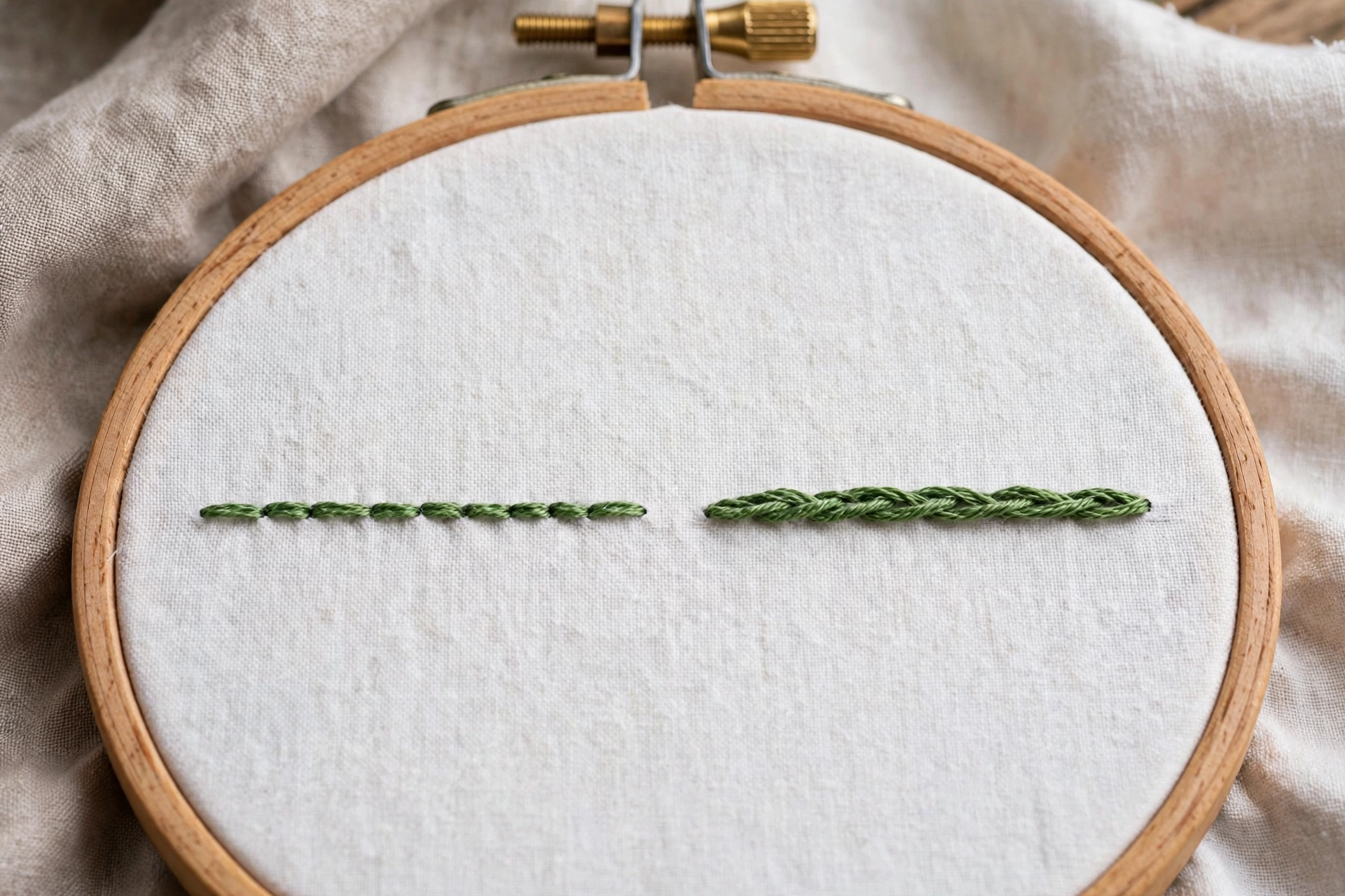 Side-by-side comparison of backstitch and stem stitch rows in the same green thread on white fabric in a wooden hoop