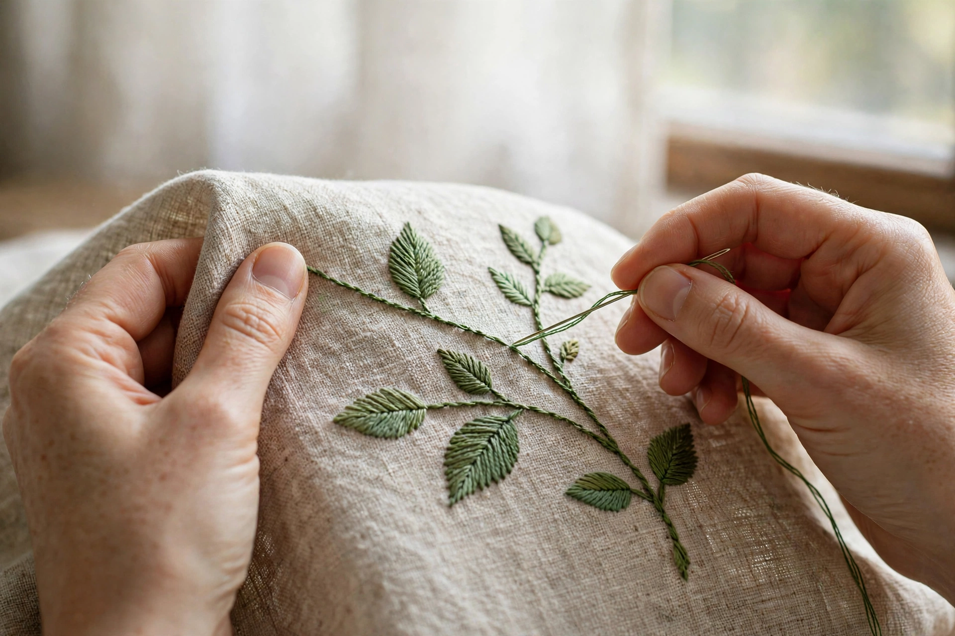 Close-up of hands stitching a curved stem stitch vine with leaves on natural linen, soft window light
