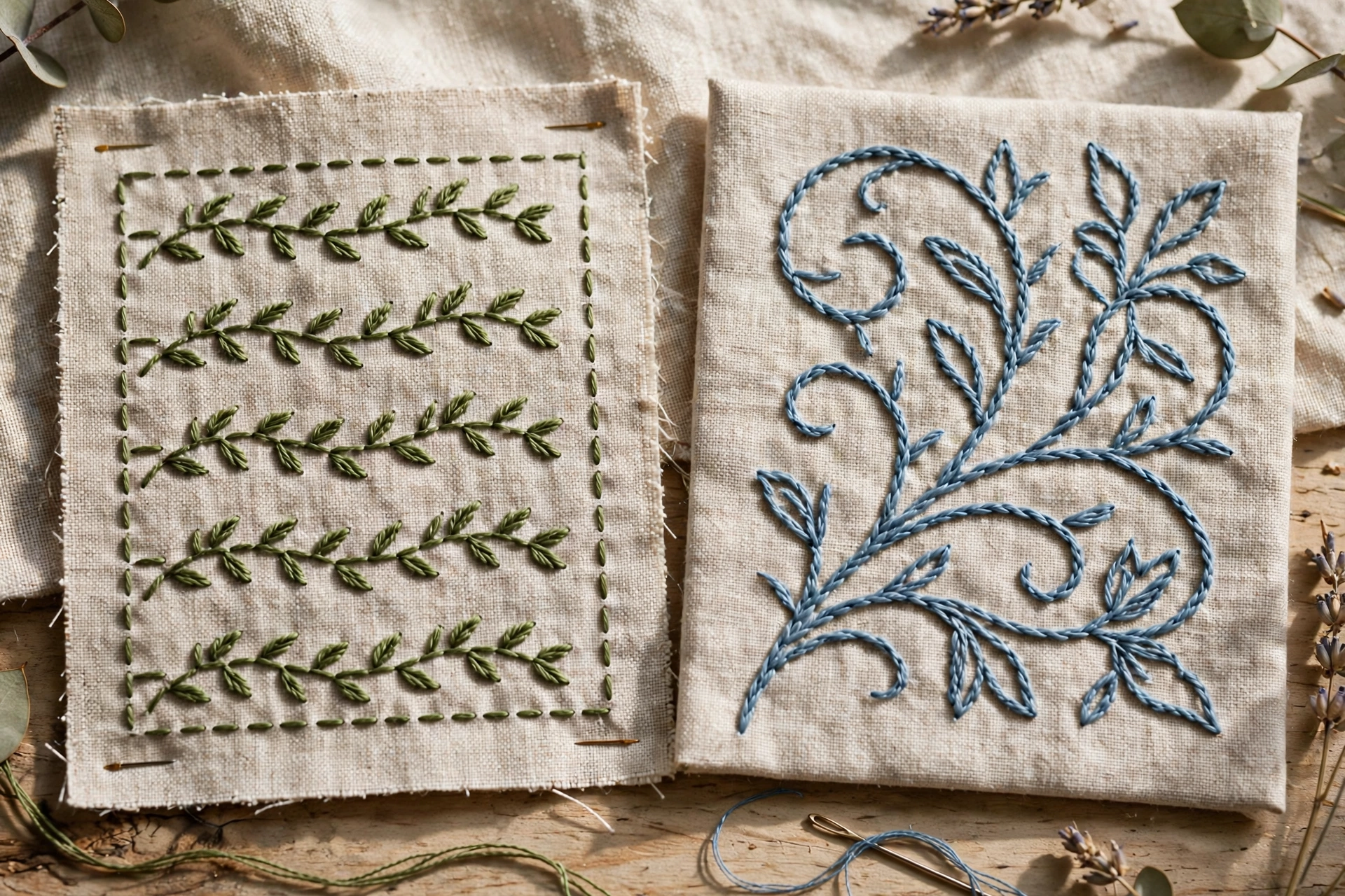 Photo of embroidered lettering comparing crisp backstitch text and smooth stem stitch script on two fabric swatches, daylight