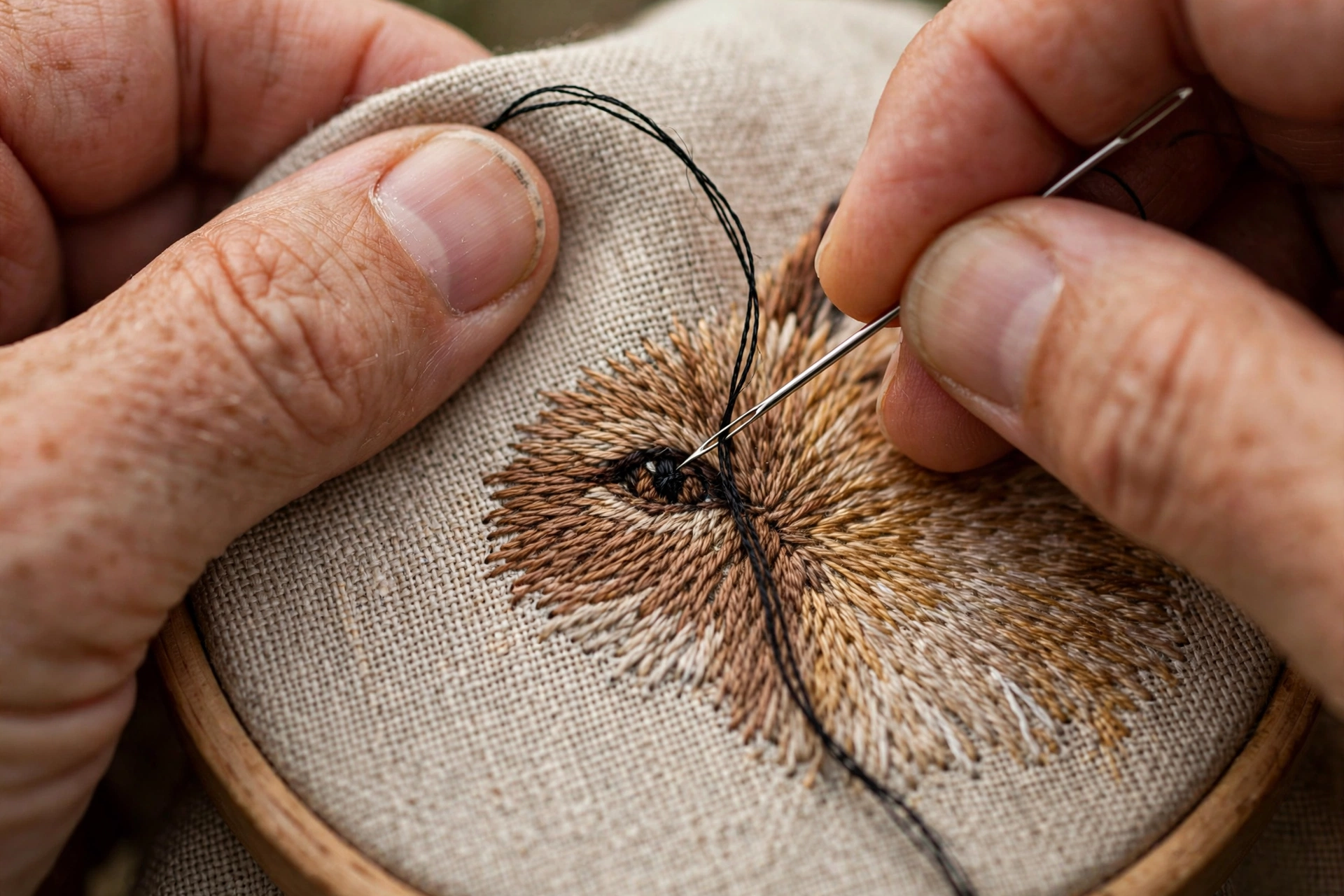 Photorealistic extreme close-up of hands stitching a tiny eye detail on an embroidered animal face with a single strand of black floss, sharp needle, macro detail, landscape composition, no text
