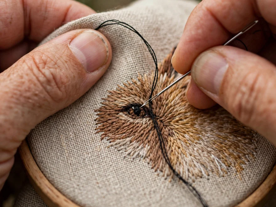 Extreme close-up of hands stitching a tiny eye detail on an embroidered animal face with a single strand of black floss, shar