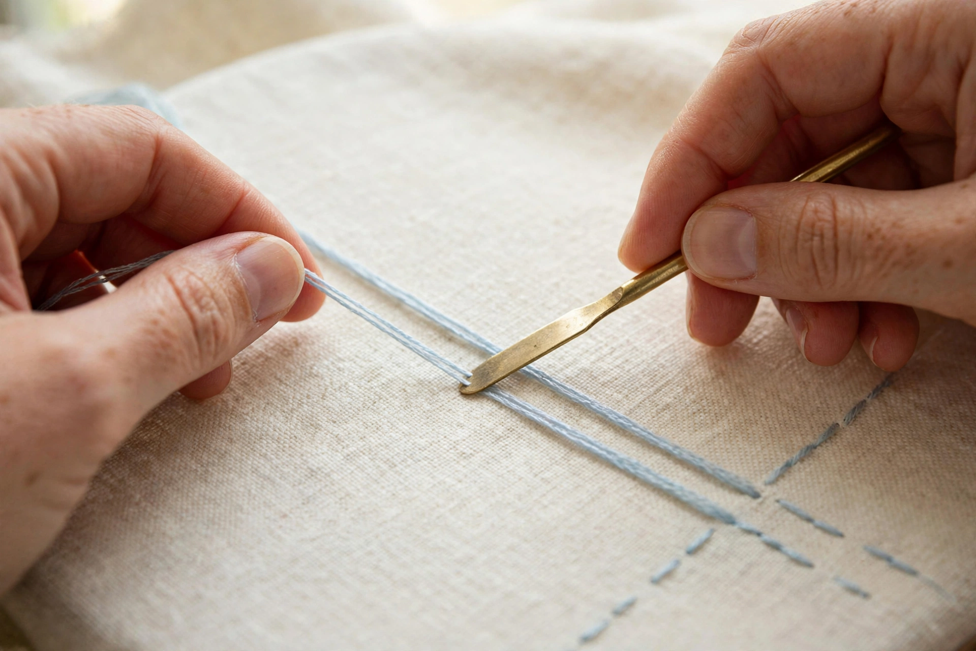 Close-up of a laying tool smoothing two strands of floss flat on cream fabric during stitching, hands guiding thread, soft da