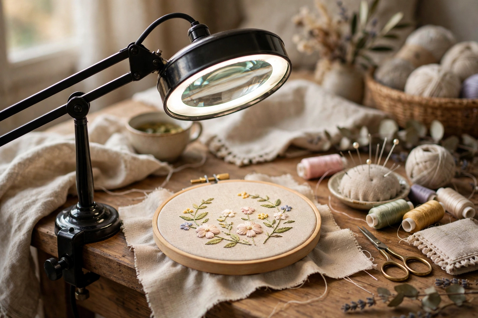 Photo of a magnifying lamp over a small hoop with tiny satin-stitched flower details, cozy stitching setup