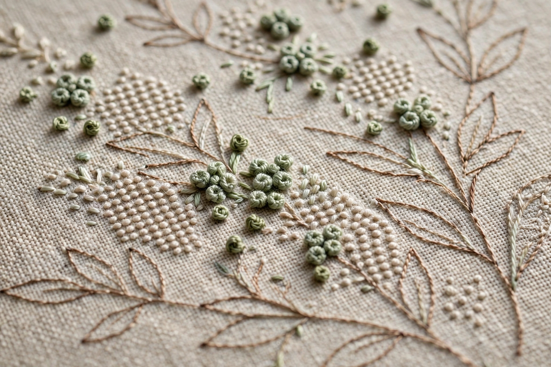 Macro of finished miniature embroidered details: tiny French knots, seed stitches and single-strand outlines on linen, crisp 