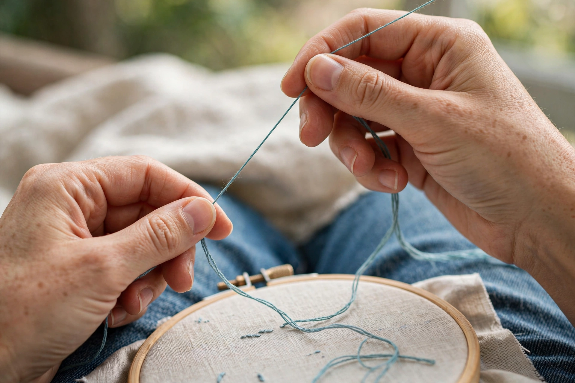 Close-up of hands pulling embroidery floss with consistent gentle tension, thread gliding through fingers, hoop resting in la