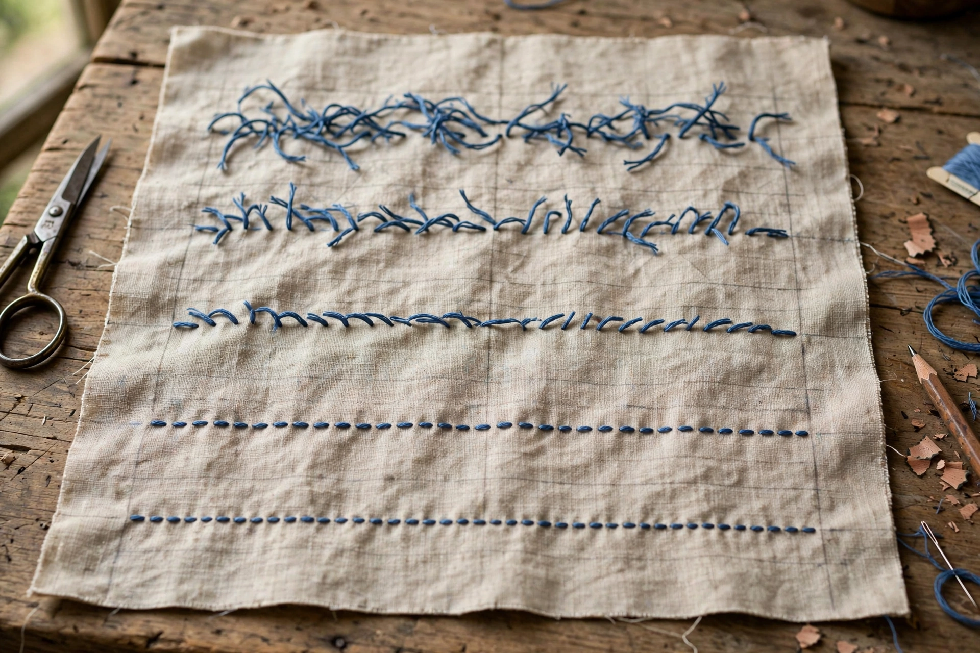 Photo of a practice sampler with rows of stitches improving from uneven to even, faint pencil guidelines visible, on a wooden