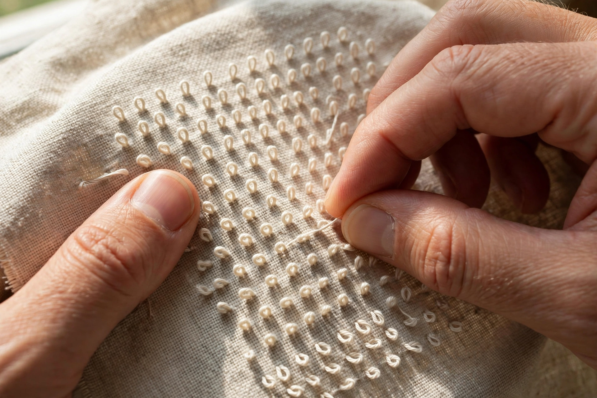 Close-up of fingers checking stitch tension on the back of embroidery work, neat uniform loops visible, natural light