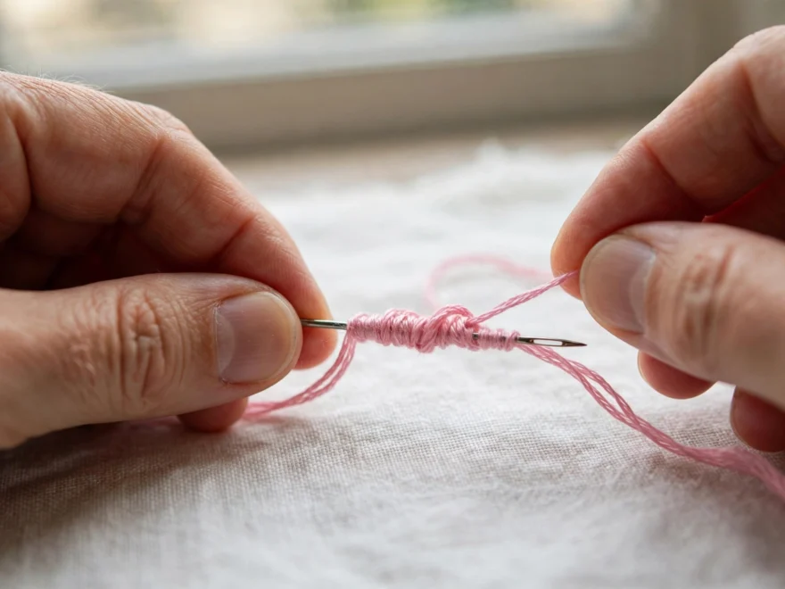 Macro close-up of hands wrapping pink embroidery floss around a milliner needle to form a bullion knot on white linen, shallo