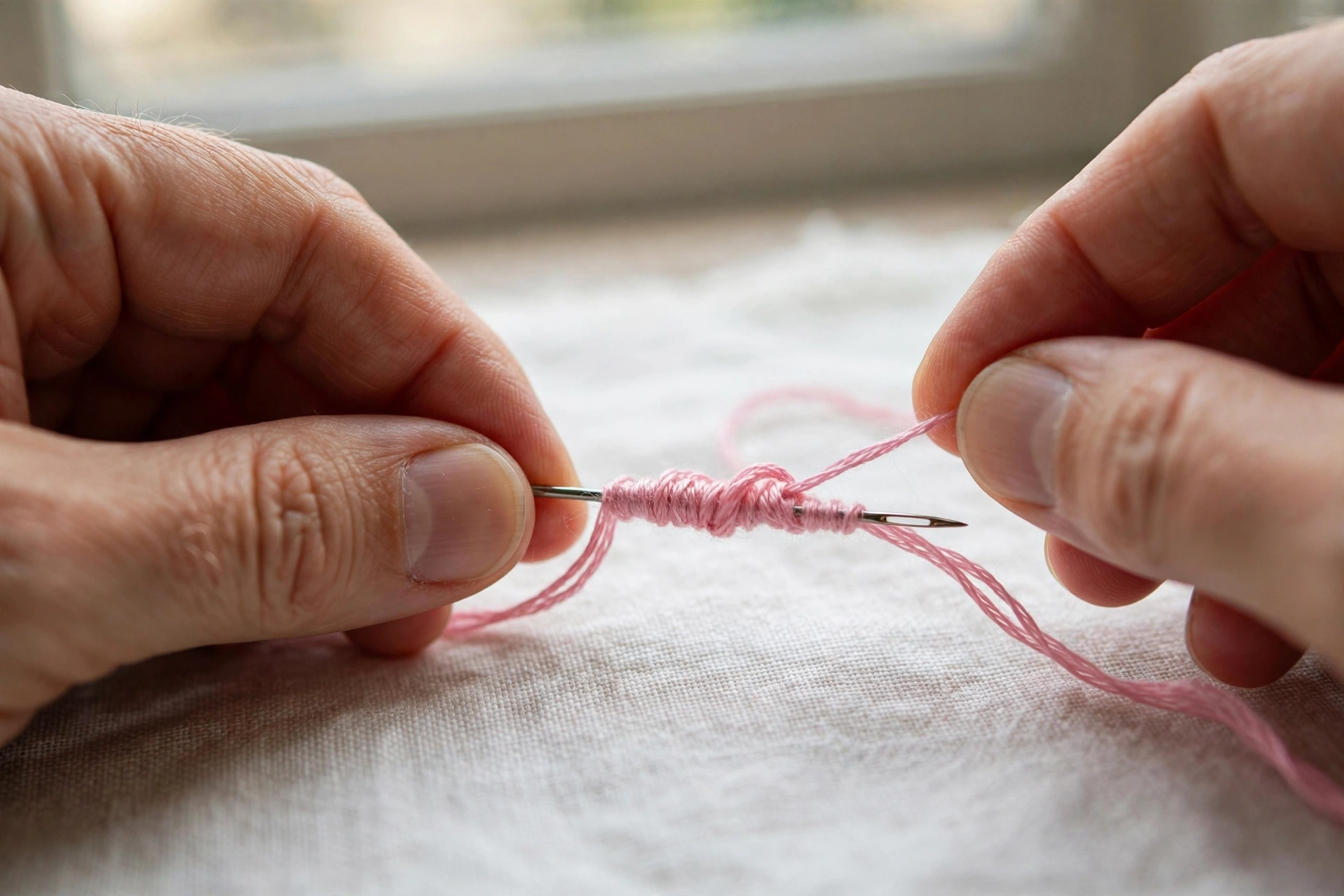 Macro close-up of hands wrapping pink embroidery floss around a milliner needle to form a bullion knot on white linen, shallo