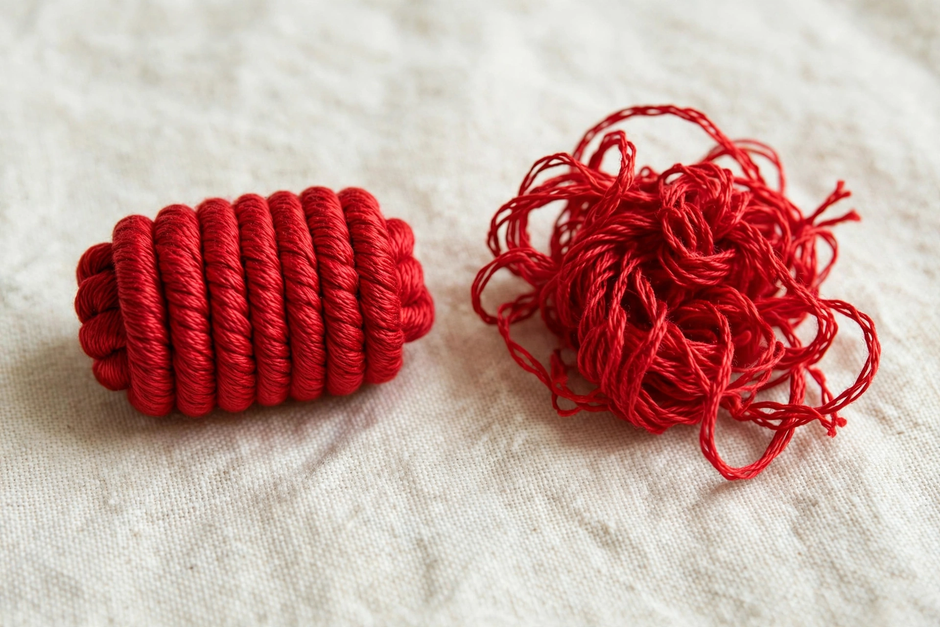 Close-up of a finished plump bullion knot in red floss next to a collapsed tangled one on cream fabric, comparison detail, so