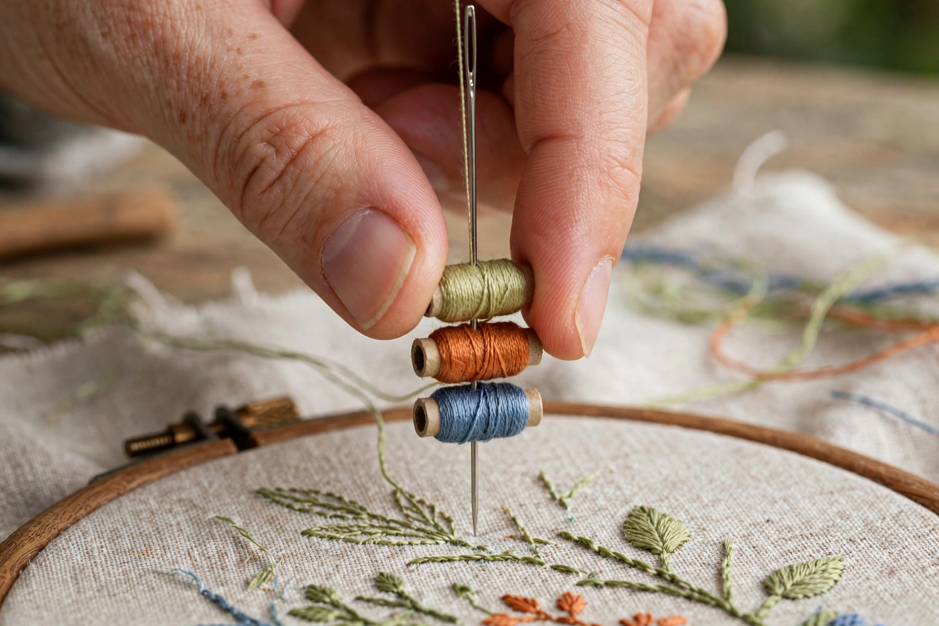 Process shot of fingers sliding wrapped thread coils down a needle shaft toward linen fabric, embroidery in progress, crisp d