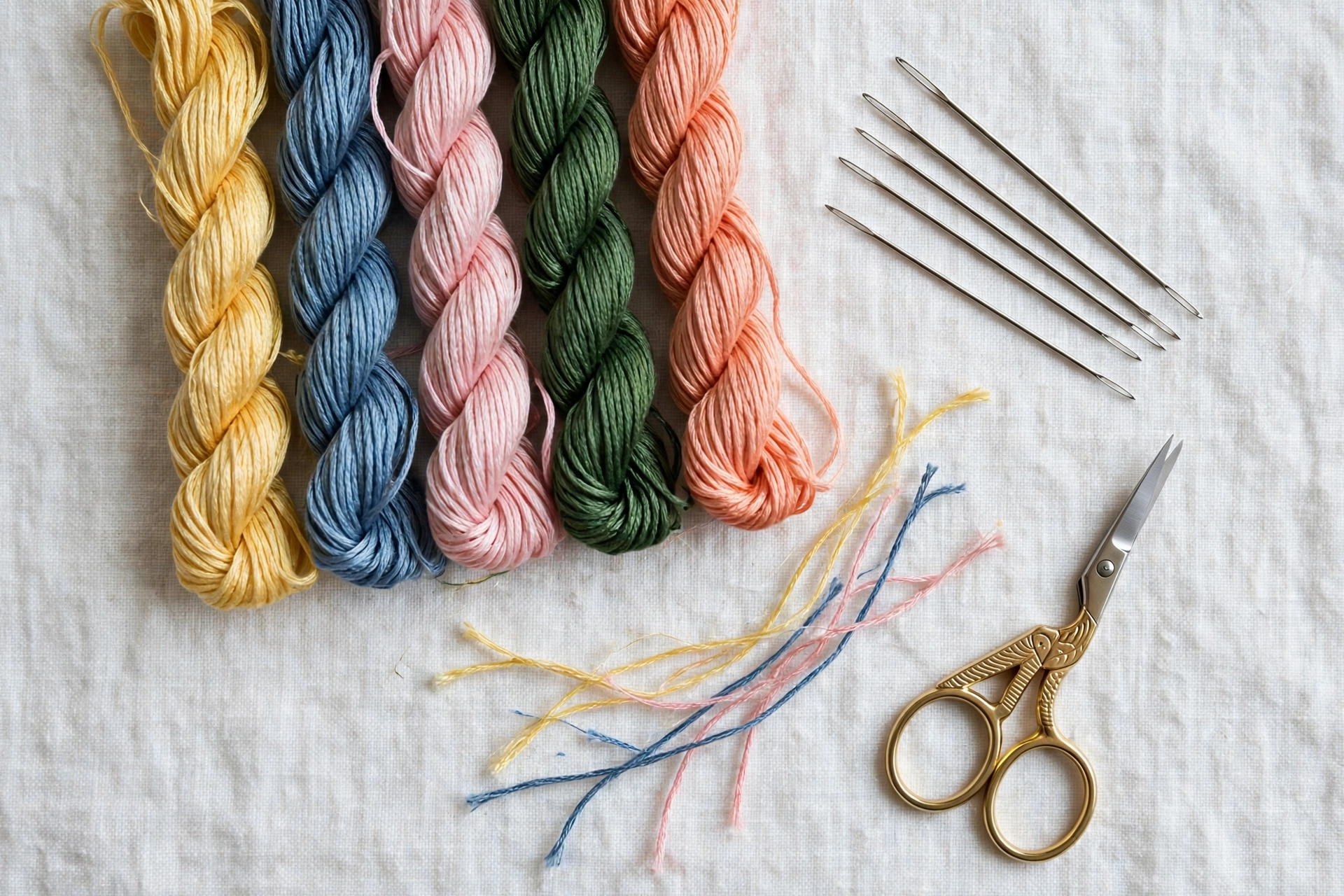Overhead shot of embroidery tools for bullion knots: milliner needles, DMC floss skeins, small scissors on white linen, tidy 