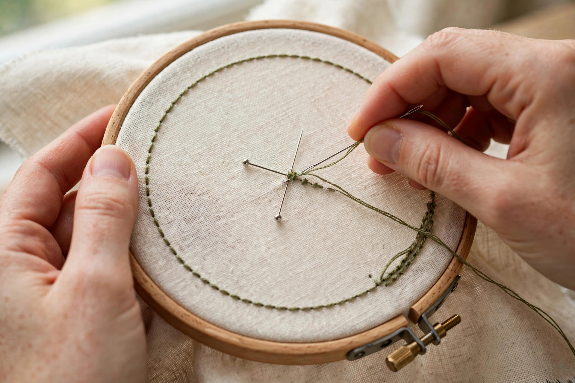 Photorealistic close-up of hands stitching a perfect circle outline with backstitch on cream linen in a wooden hoop, two pins marking the center, natural light, landscape orientation, no text
