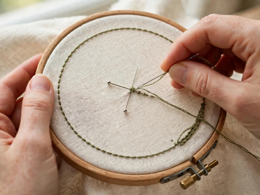 Close-up of hands stitching a perfect circle outline with backstitch on cream linen in a wooden hoop, two pins marking the ce