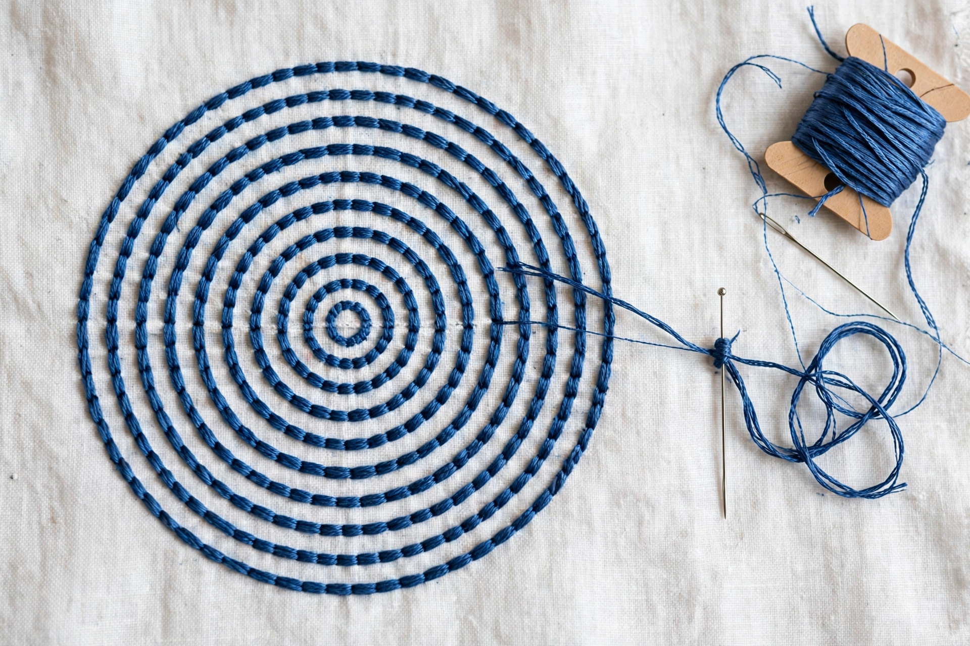 Overhead view of concentric embroidered circles in blue floss on white fabric with a pin and thread compass setup beside, cri