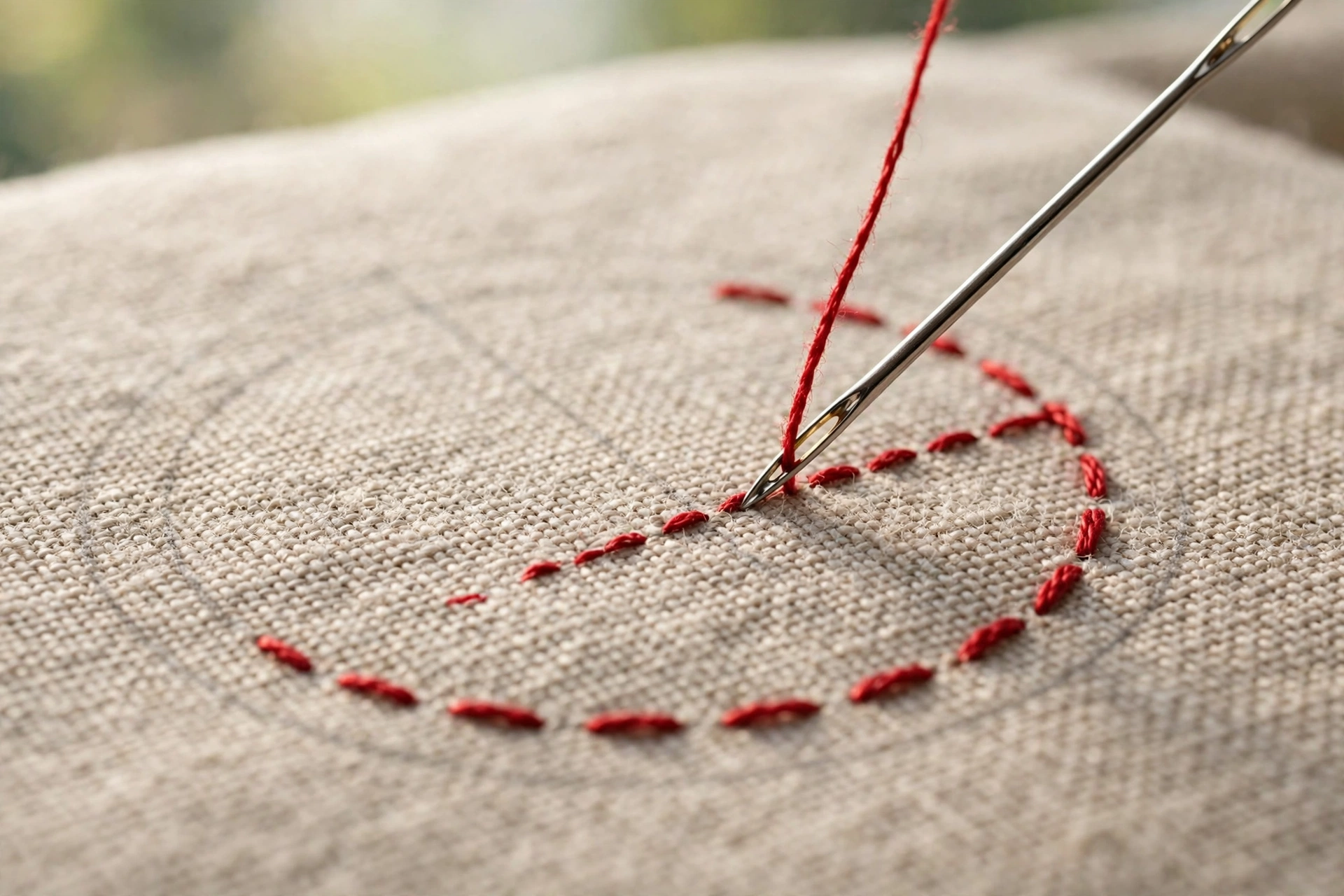 Macro of a needle following a running-stitch guide circle on linen, red thread, shallow depth of field, daylight