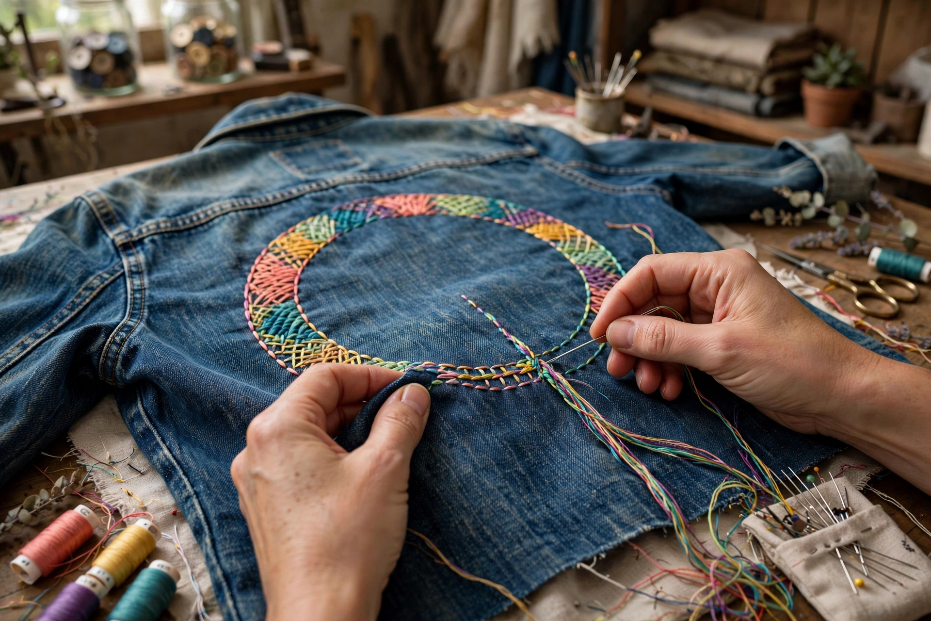 Hands freehand stitching a large stem-stitch circle on a denim jacket back, colorful thread, workshop setting