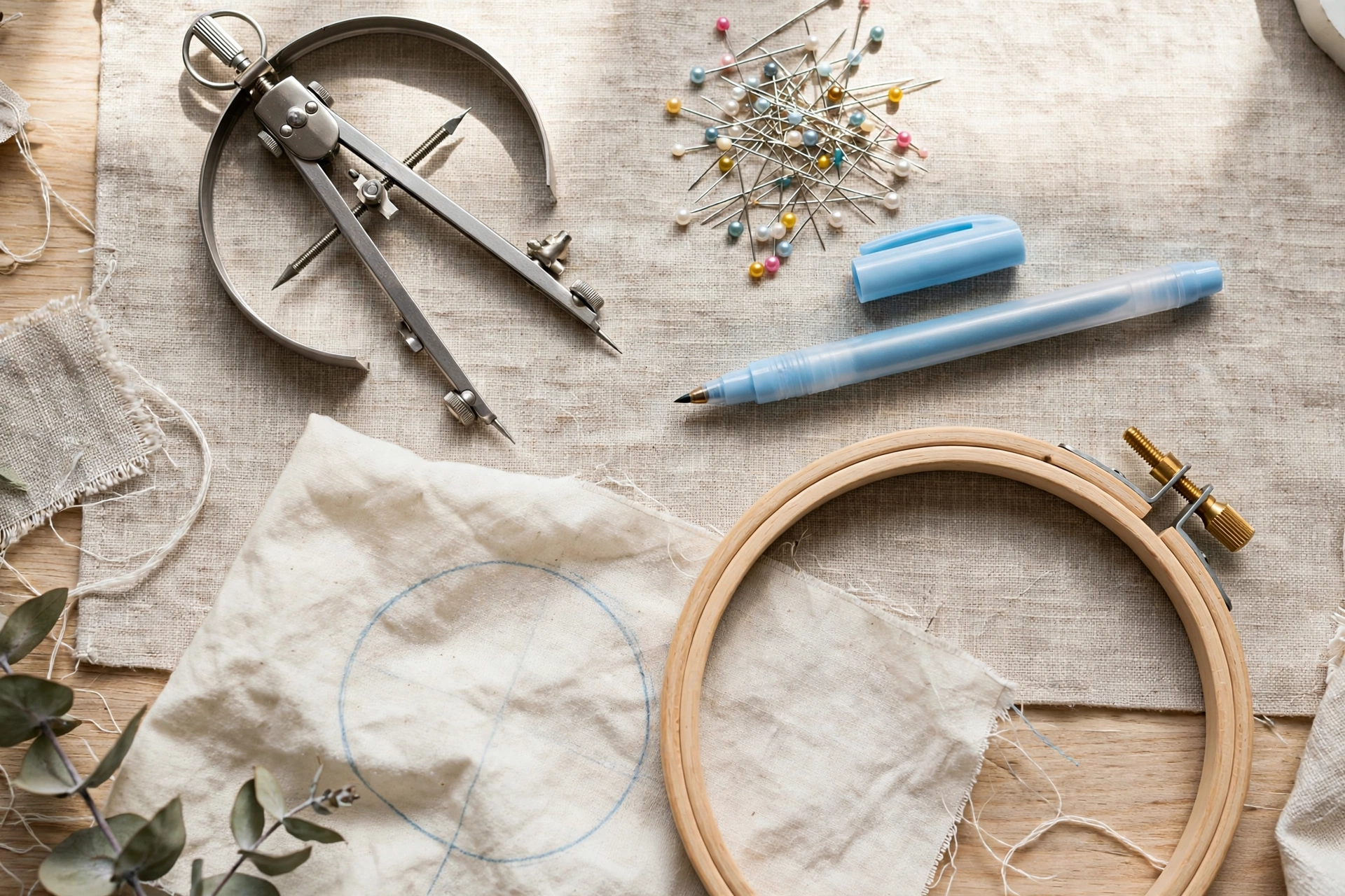Flat lay of circle-marking tools: compass, pins, water-soluble pen, embroidery hoop on craft table, bright daylight