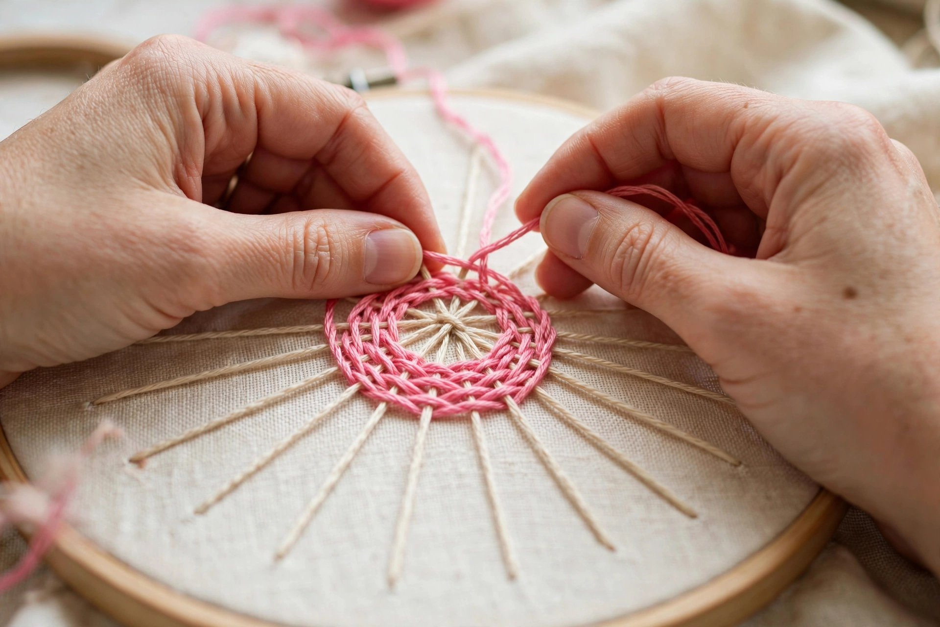Photorealistic close-up of hands weaving pink floss over-under around straight-stitch spokes to form a woven wheel rose on cream linen, shallow depth of field, natural light, landscape orientation, no text