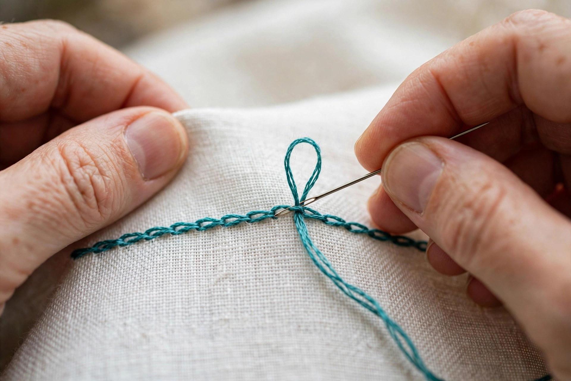 Photorealistic macro close-up of hands working chain stitch in a dead-straight line with teal floss on white linen, needle emerging inside the previous loop, shallow depth of field, landscape orientation, no text