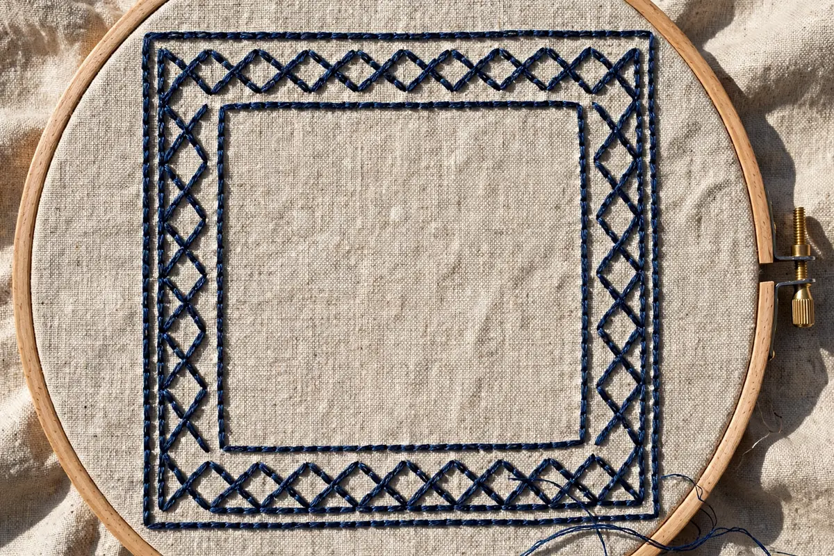 Photorealistic overhead shot of long straight chain stitch lines forming geometric border patterns in navy floss on linen, embroidery hoop edge visible, bright light, landscape orientation, no text