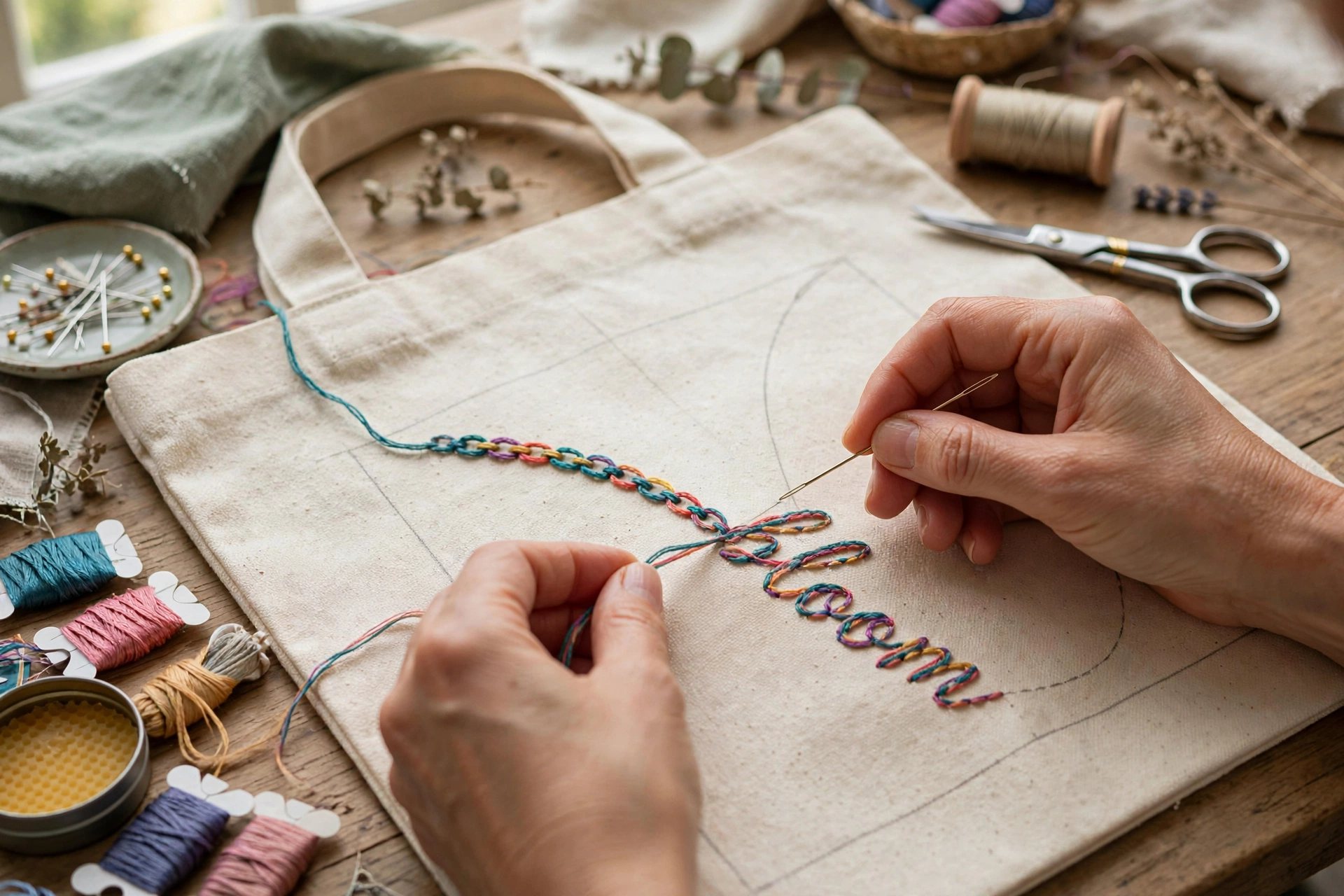 Photorealistic hands stitching chain stitch lettering along a pencil guideline on a tote bag, colorful thread, craft table setting, landscape orientation, no text