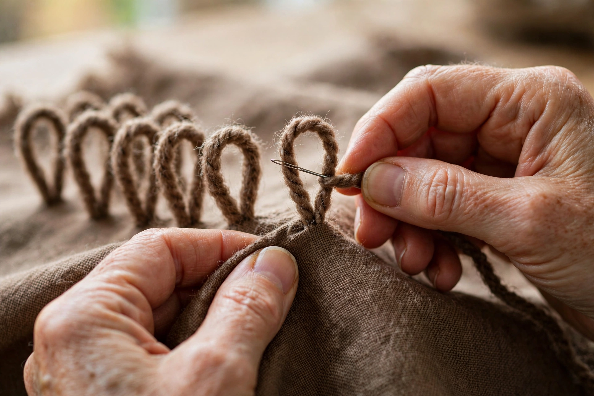Photorealistic close-up of hands forming turkey work loops around a needle on brown linen, textured loops standing upright, shallow depth of field, natural light, landscape orientation, no text