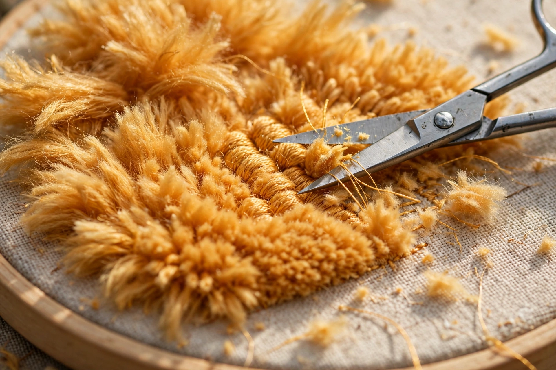 Photorealistic macro of fluffy cut turkey work texture in golden floss resembling animal fur, scissors trimming the loops, crisp detail, daylight, landscape orientation, no text