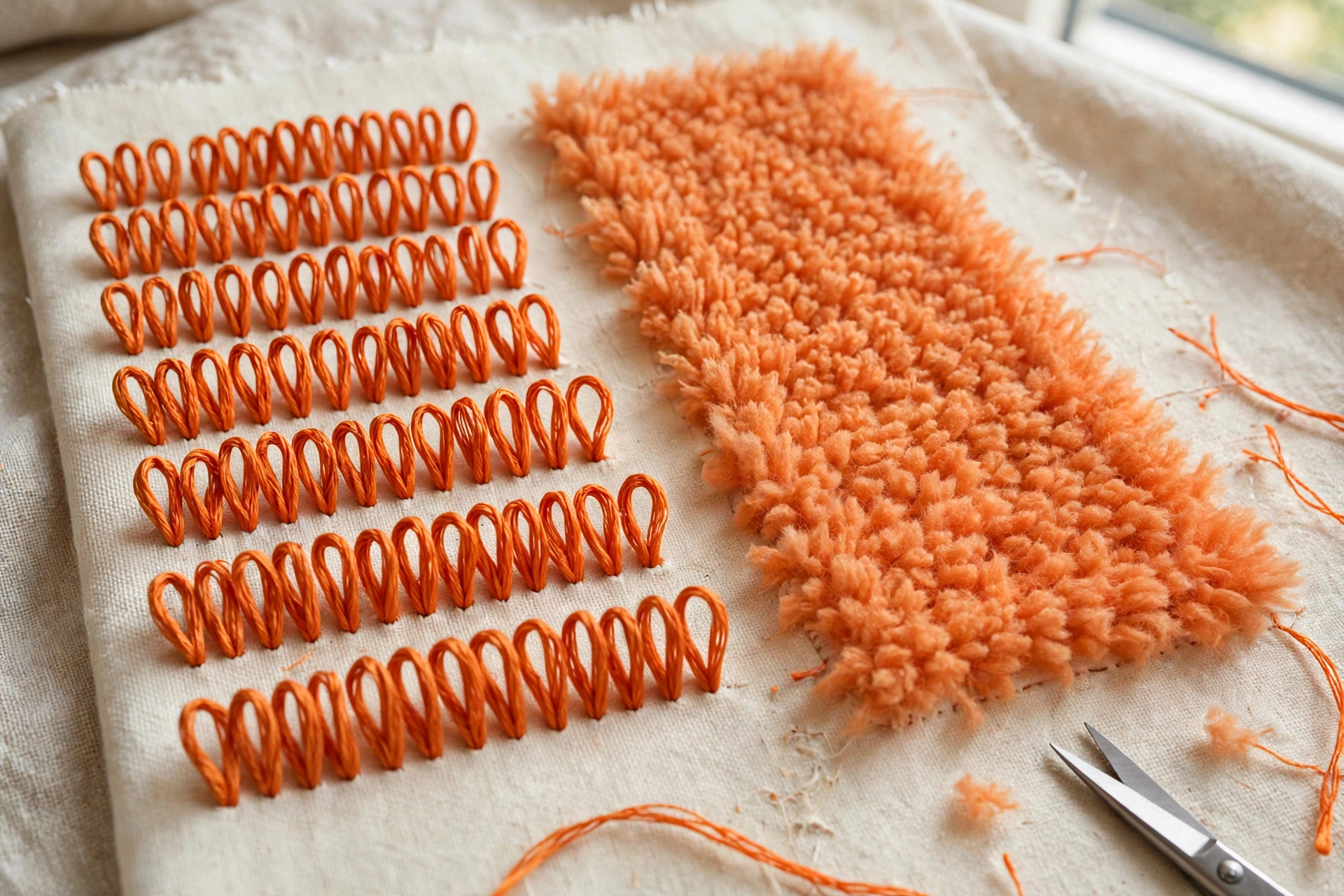 Photorealistic process shot of a row of uncut turkey work loops in orange floss on cream fabric next to a trimmed fluffy section, comparison, soft window light, landscape orientation, no text