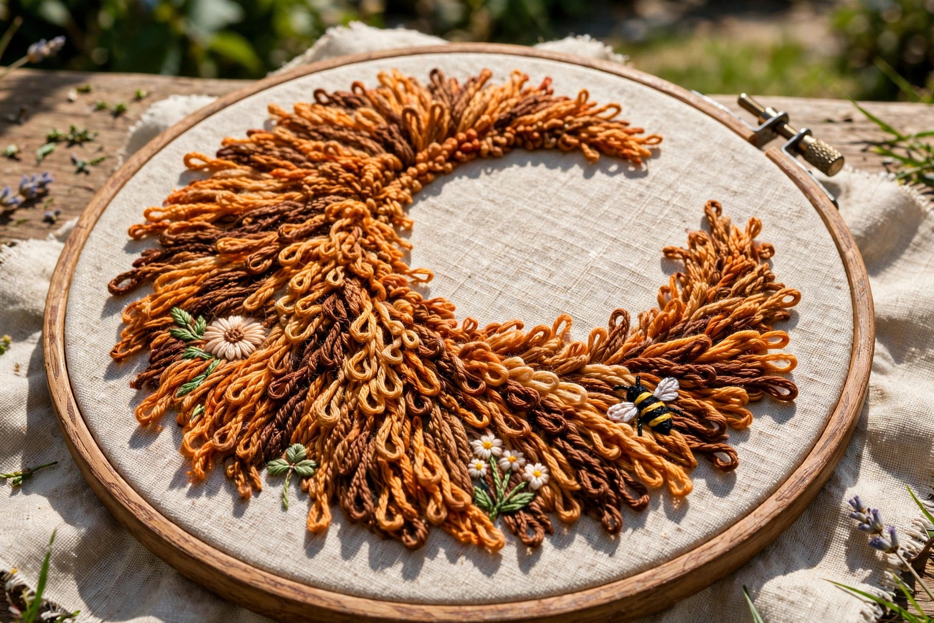 Photorealistic finished embroidered lion mane in textured turkey work, orange and brown floss on linen in a wooden hoop, playful detail, bright daylight, landscape orientation, no text