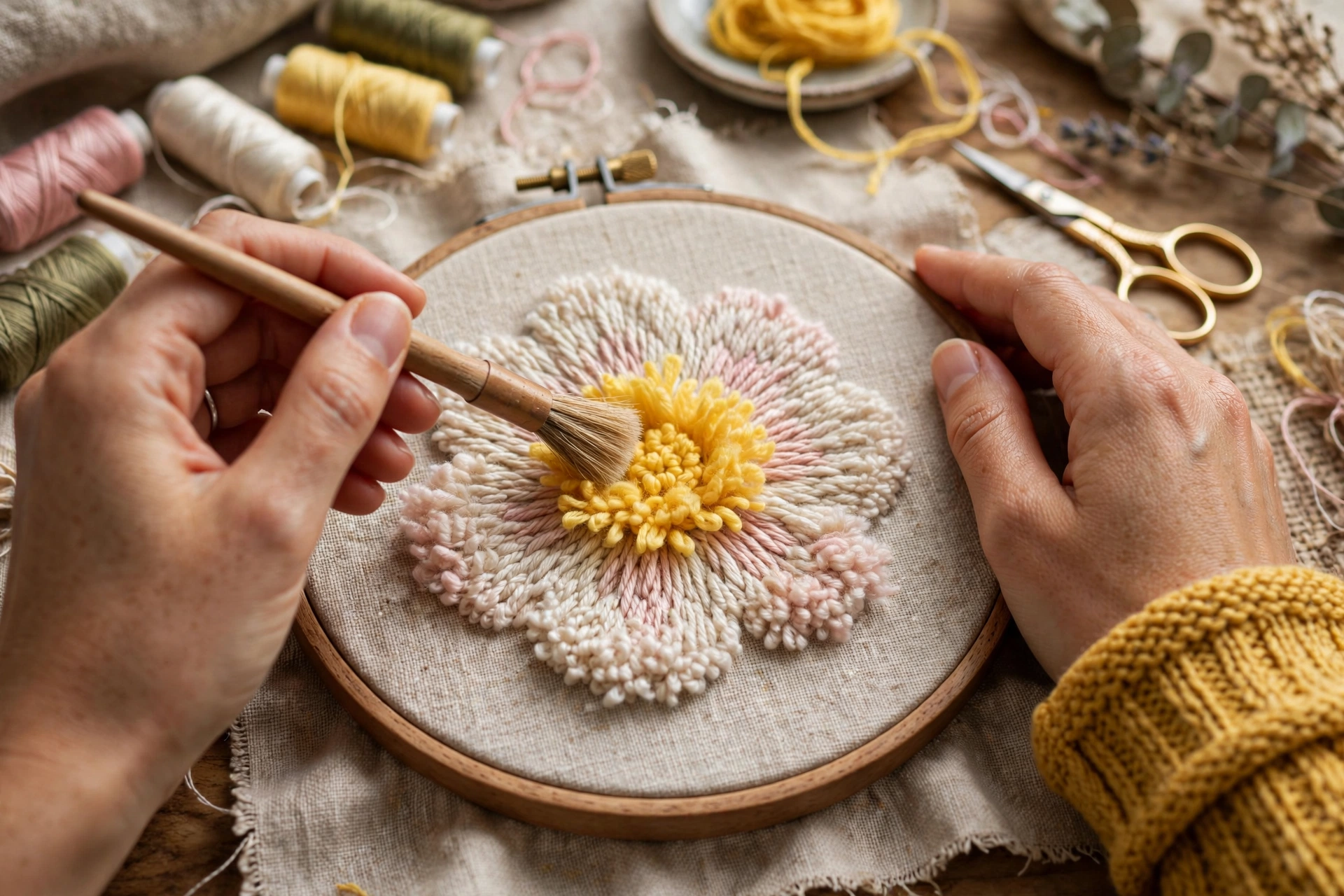 Photorealistic hands brushing a finished fluffy turkey work flower center with a small brush, yellow textured stitches, craft setting, landscape orientation, no text