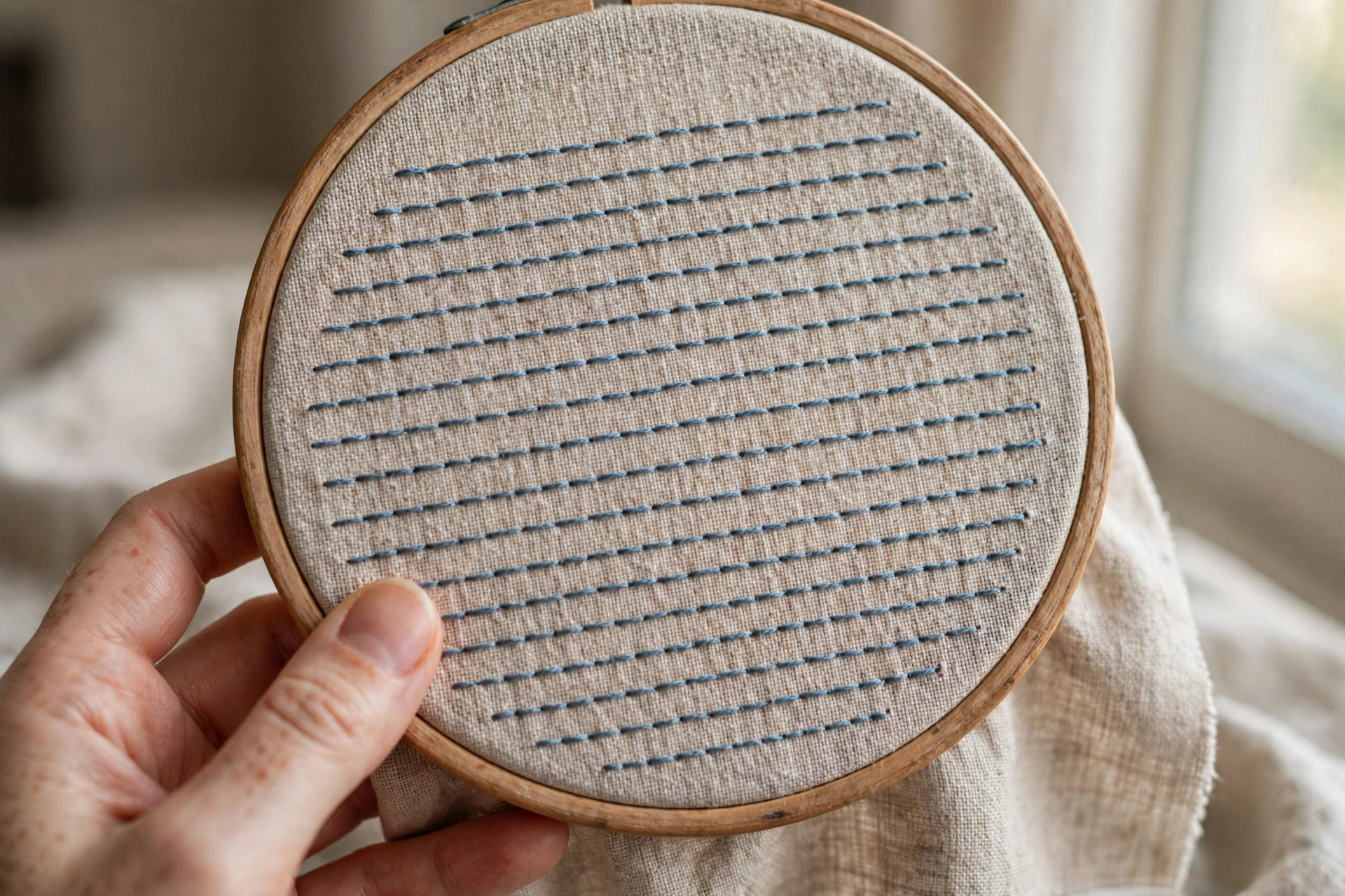 Photorealistic close-up of the tidy knotless back of an embroidery hoop, rows of even stitches with no lumps, a woman's hand holding the wooden hoop, soft window light, landscape orientation, no text