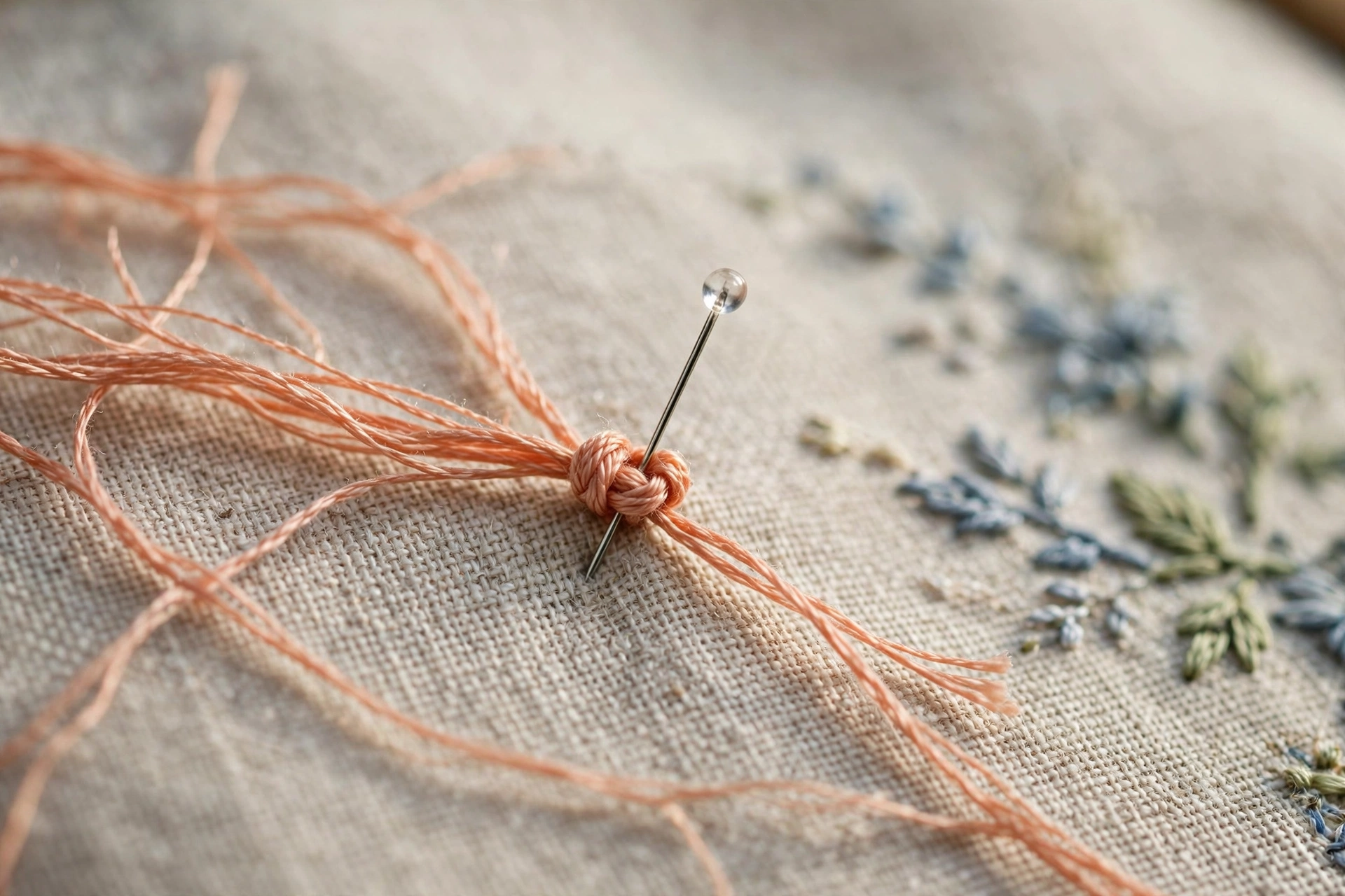 Photorealistic macro shot of an away knot pinned with a straight pin into linen away from the stitched design, floss trailing across fabric, landscape orientation, no text