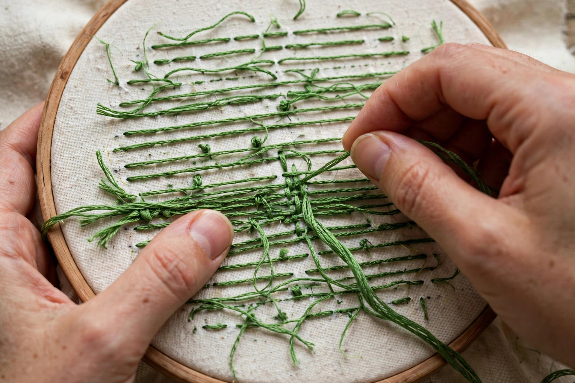 Photorealistic hands weaving the tail of green embroidery floss under the backs of satin stitches on the reverse side of an embroidery hoop, landscape orientation, no text