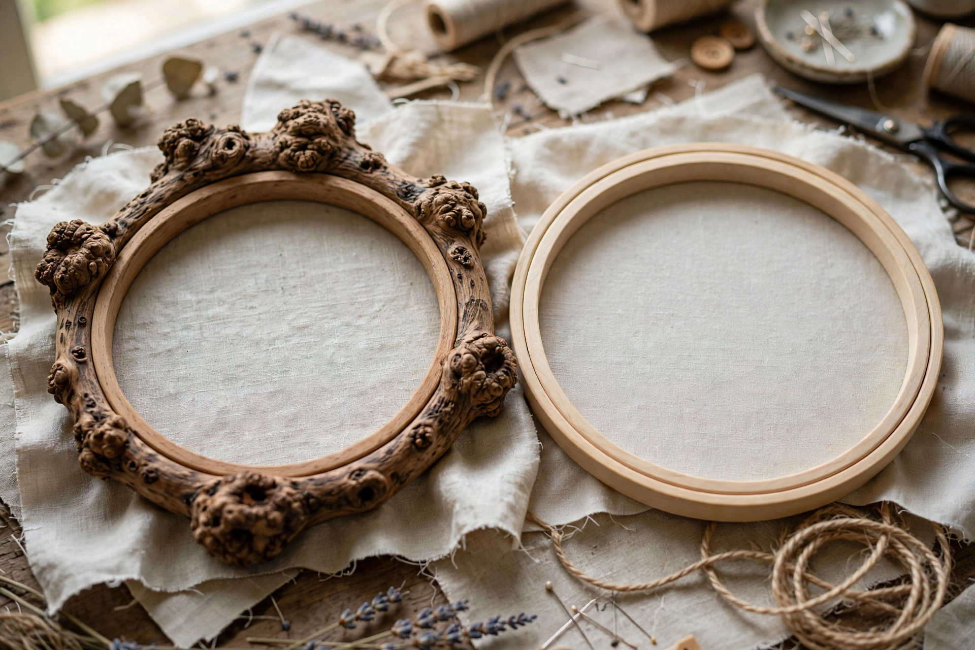 Photorealistic side-by-side of two wooden embroidery hoops showing their backs on a craft table, one lumpy with knots and one smooth and flat, landscape orientation, no text