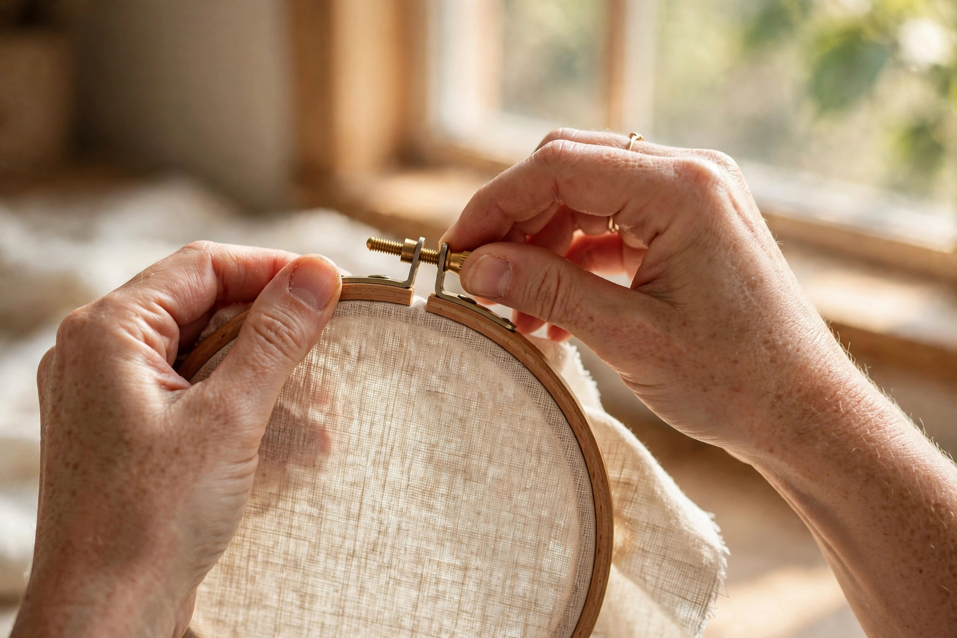 photorealistic close-up of a woman's hands tightening the brass screw on a wooden embroidery hoop holding cream linen fabric, warm natural window light, landscape orientation, no text