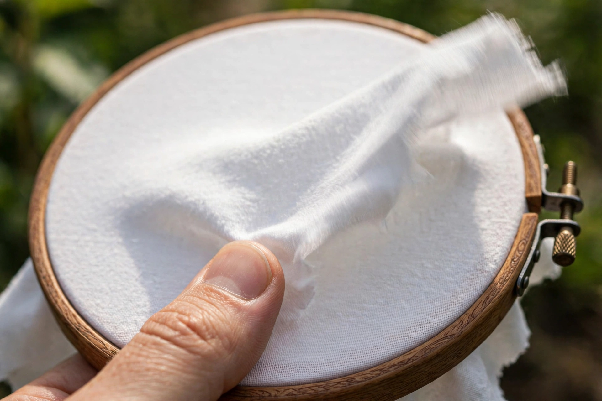 photorealistic macro shot of a fingertip flicking drum-tight white cotton fabric stretched in an embroidery hoop, shallow depth of field, landscape orientation, no text