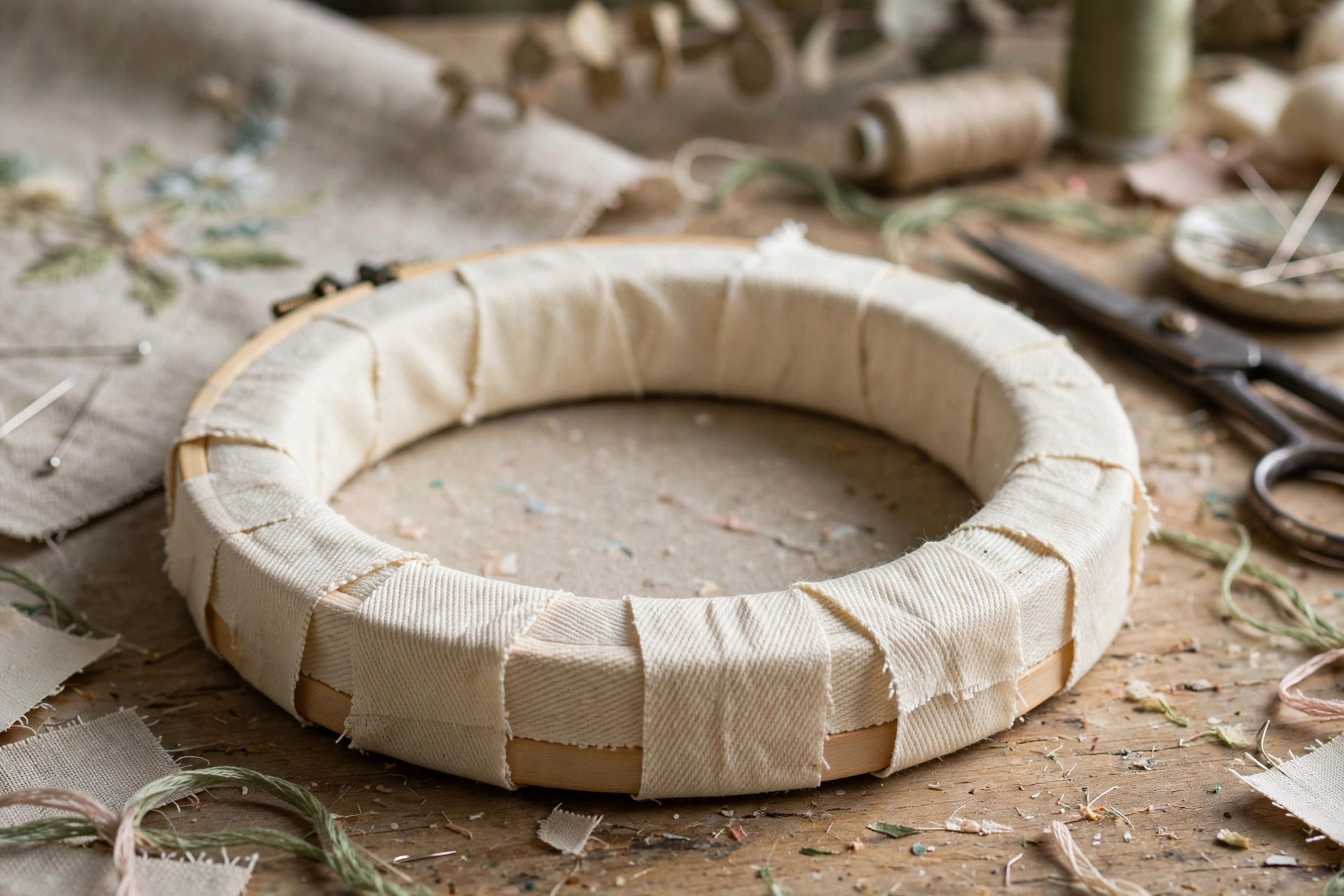photorealistic detail of an embroidery hoop inner ring wrapped with cream cotton twill tape for extra grip, craft table background, landscape orientation, no text