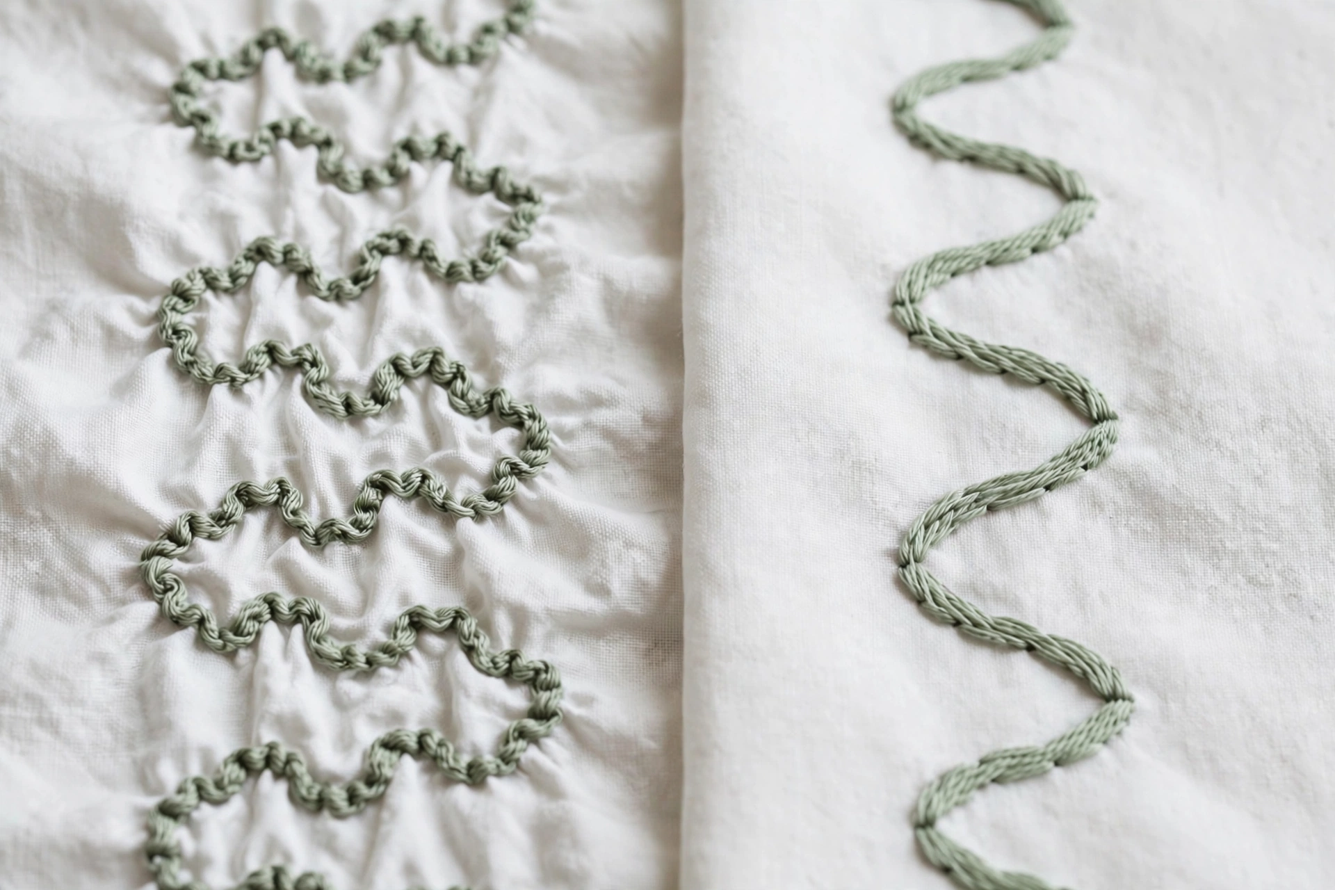 photorealistic side-by-side comparison of puckered wavy embroidery stitches versus smooth flat stitches on white fabric, landscape orientation, no text
