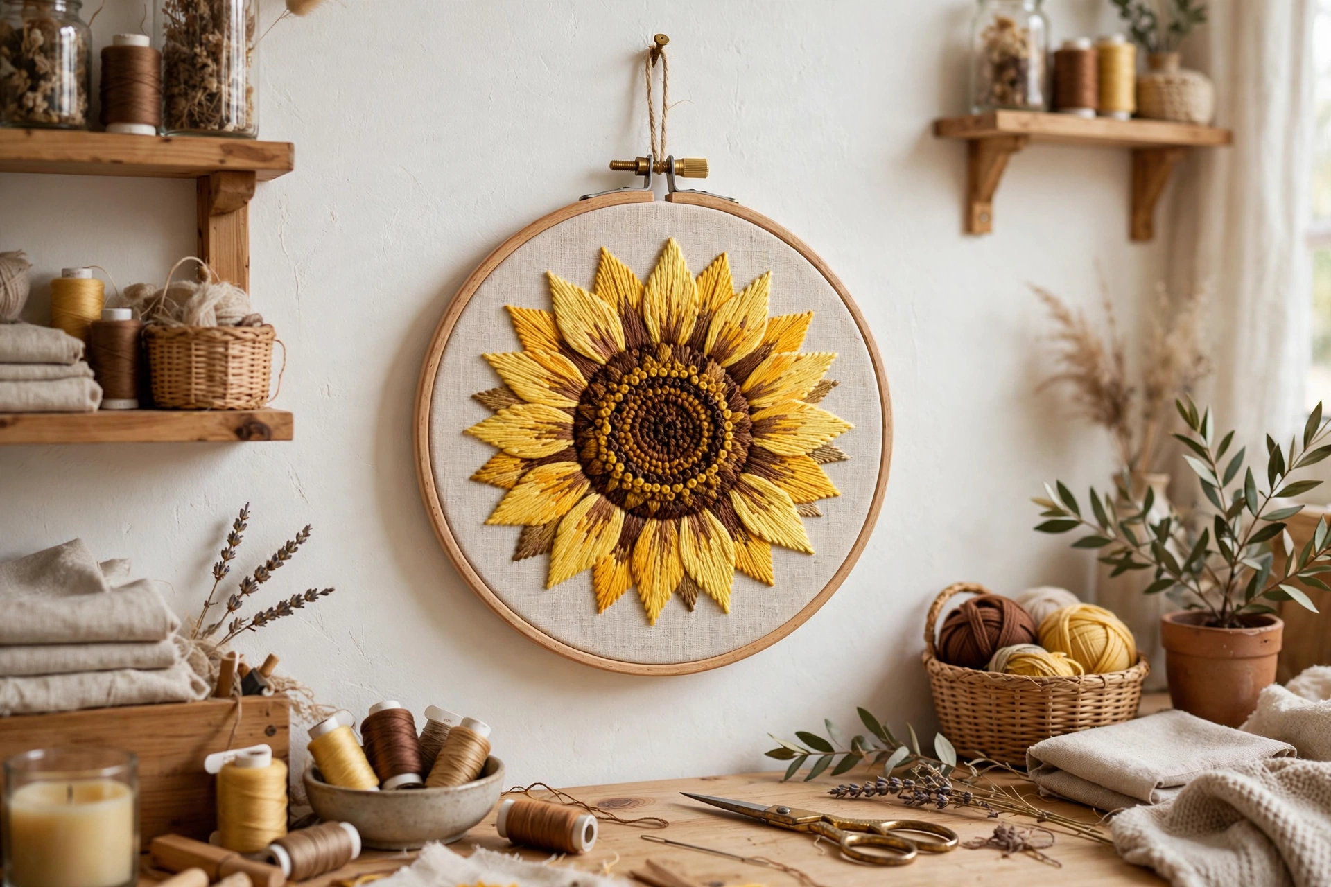 photorealistic finished sunflower embroidery hoop art in yellow and brown thread hanging on a white wall, cozy craft room, landscape orientation, no text