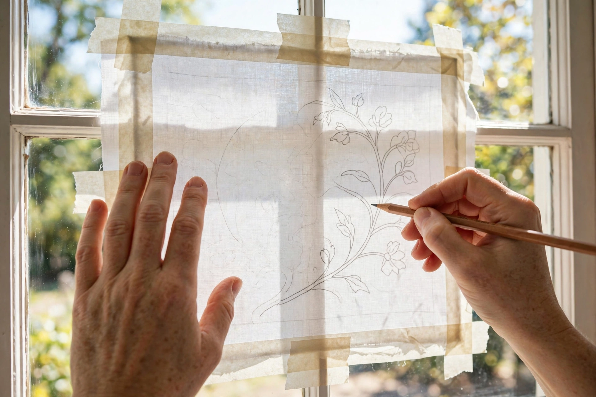 photorealistic hands tracing an embroidery pattern onto white fabric taped over a bright sunny window, pencil lines visible, landscape orientation, no text