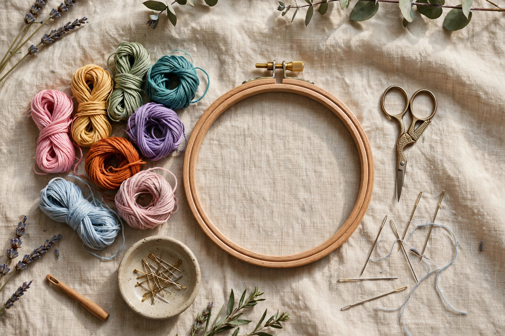 photorealistic flat lay of hand embroidery supplies on a linen tablecloth, wooden hoop, colorful thread skeins, needles and scissors, soft daylight, landscape orientation, no text