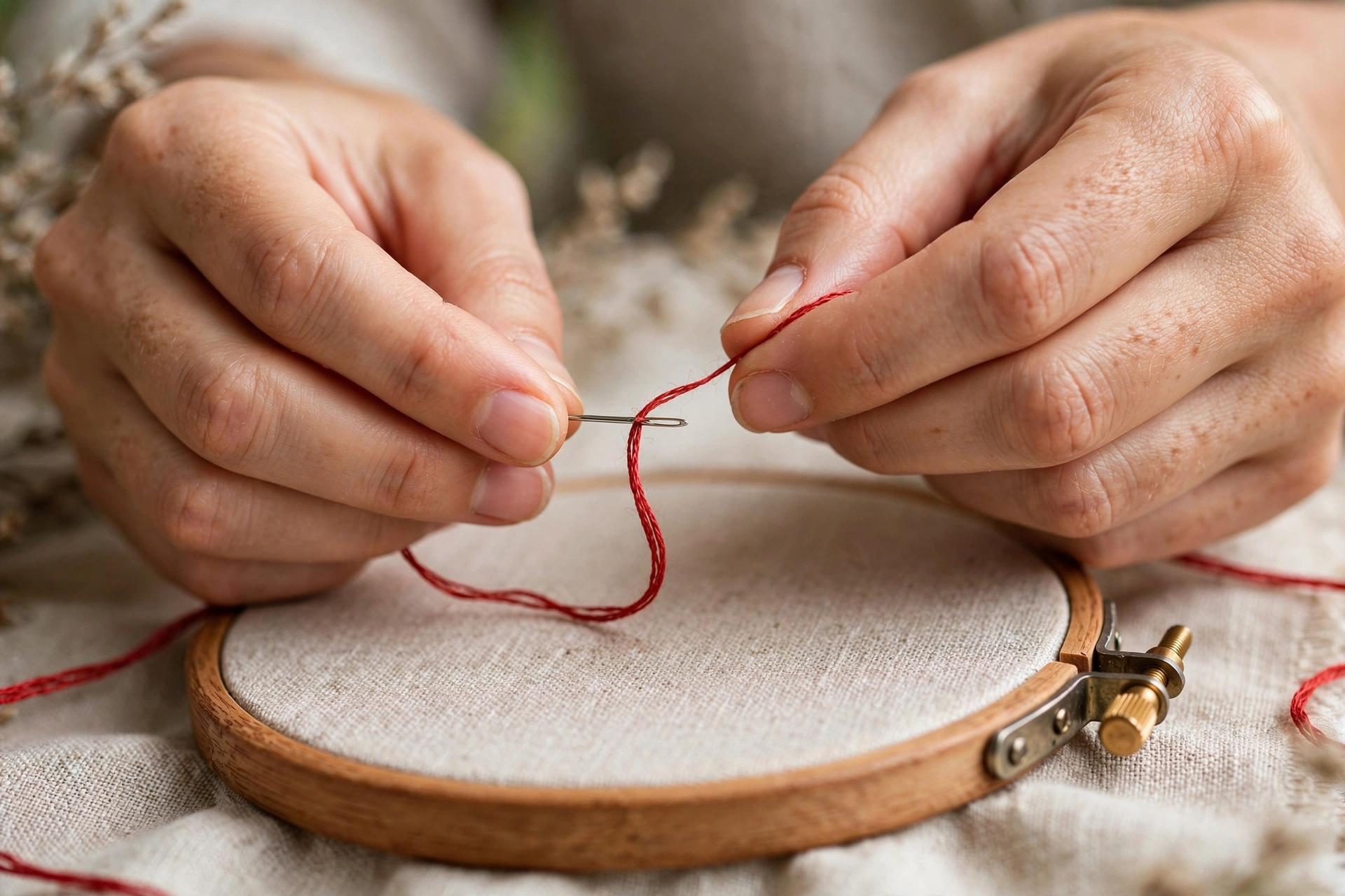 photorealistic close-up of a woman's hands threading a needle with red embroidery floss over a wooden hoop, landscape orientation, no text